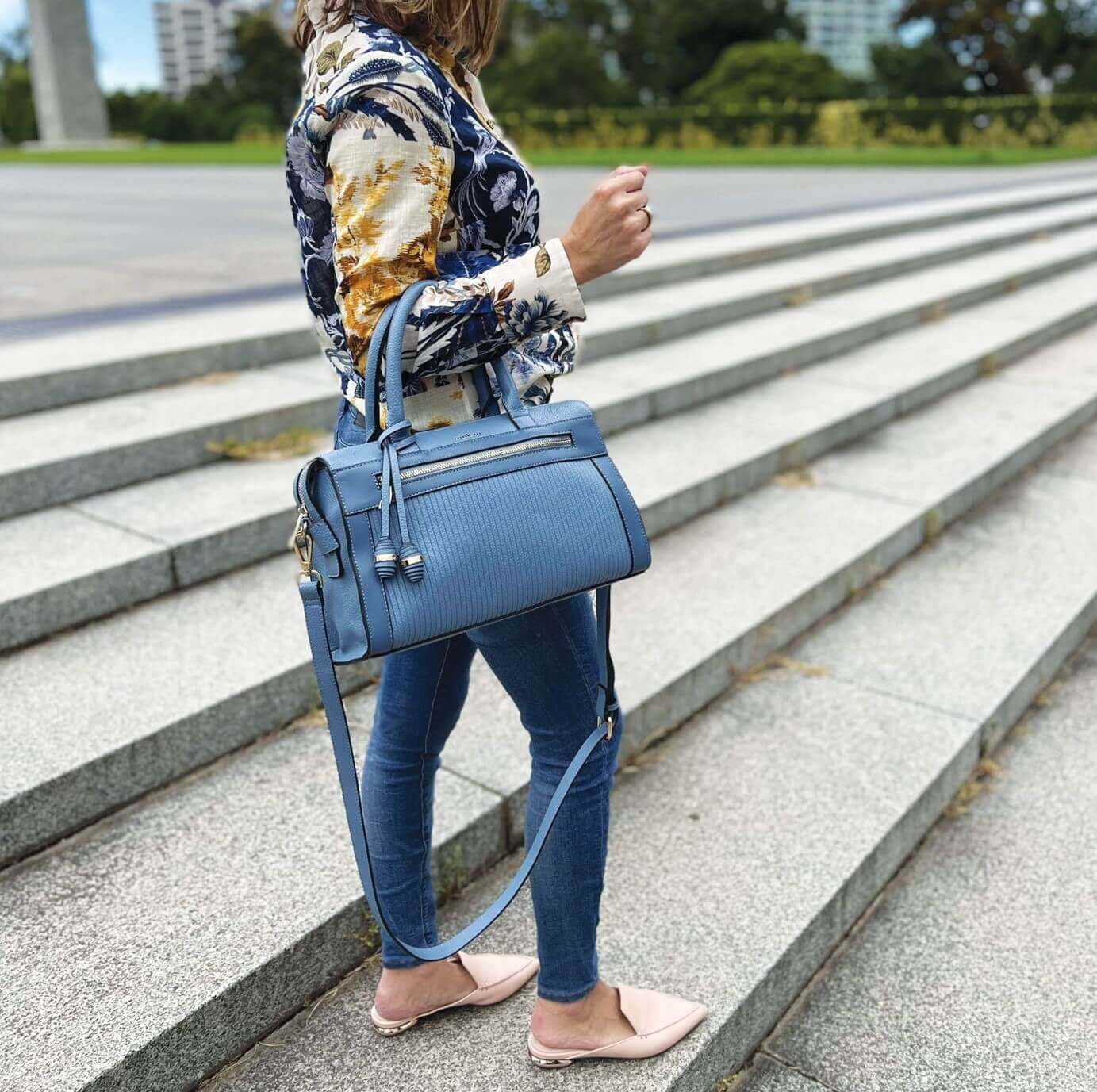 Milleni Ladies Fashion Tote Handbag with Shoulder Strap in Blue