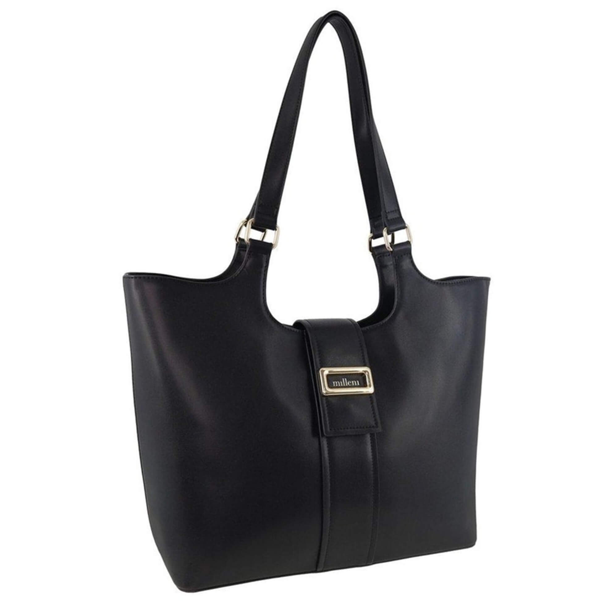 Milleni Ladies Vegan Leather Fashion Caryall Tote Bag in Black