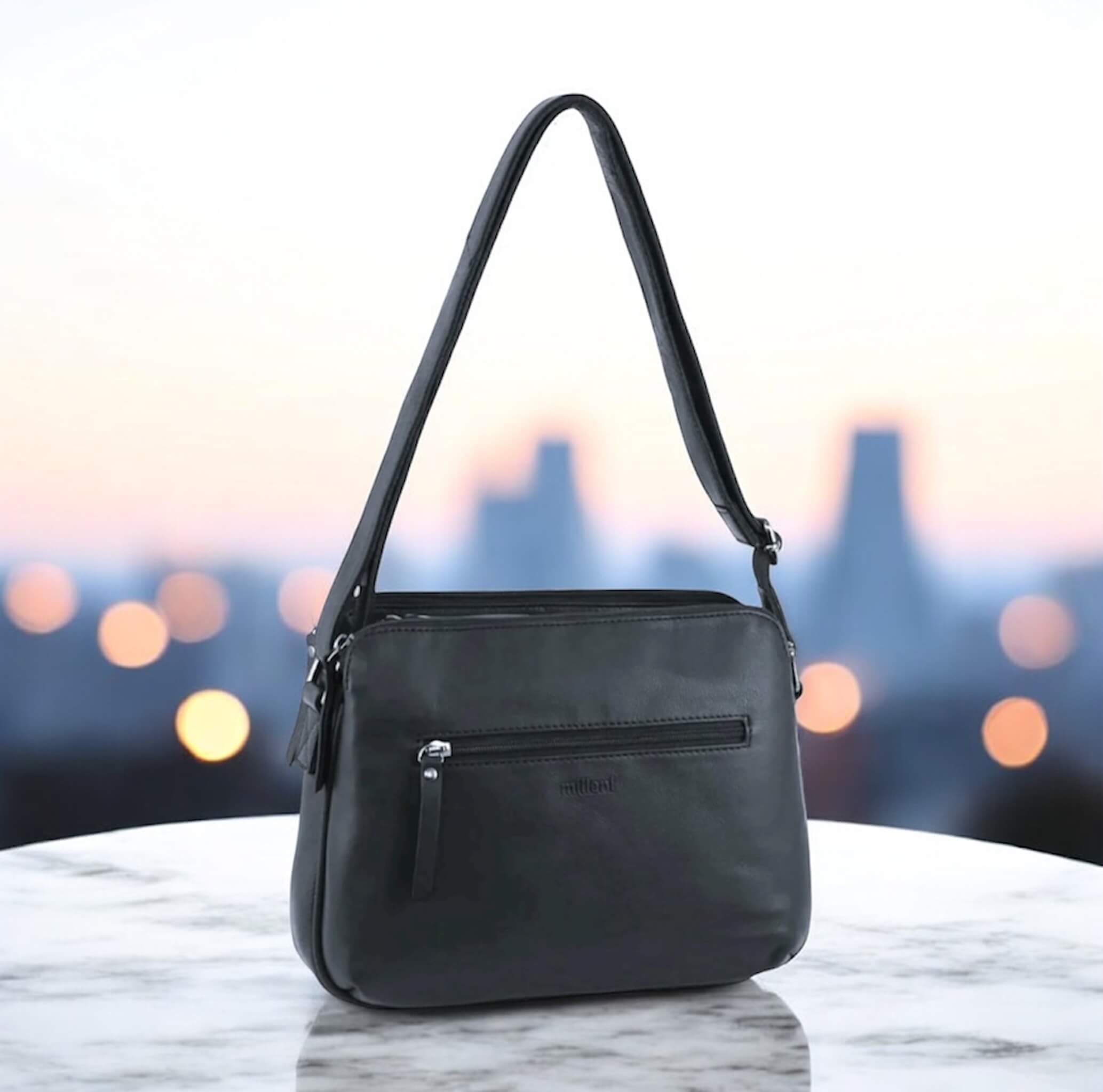 Milleni Ladies Black Nappa Leather Cross-Body Bag