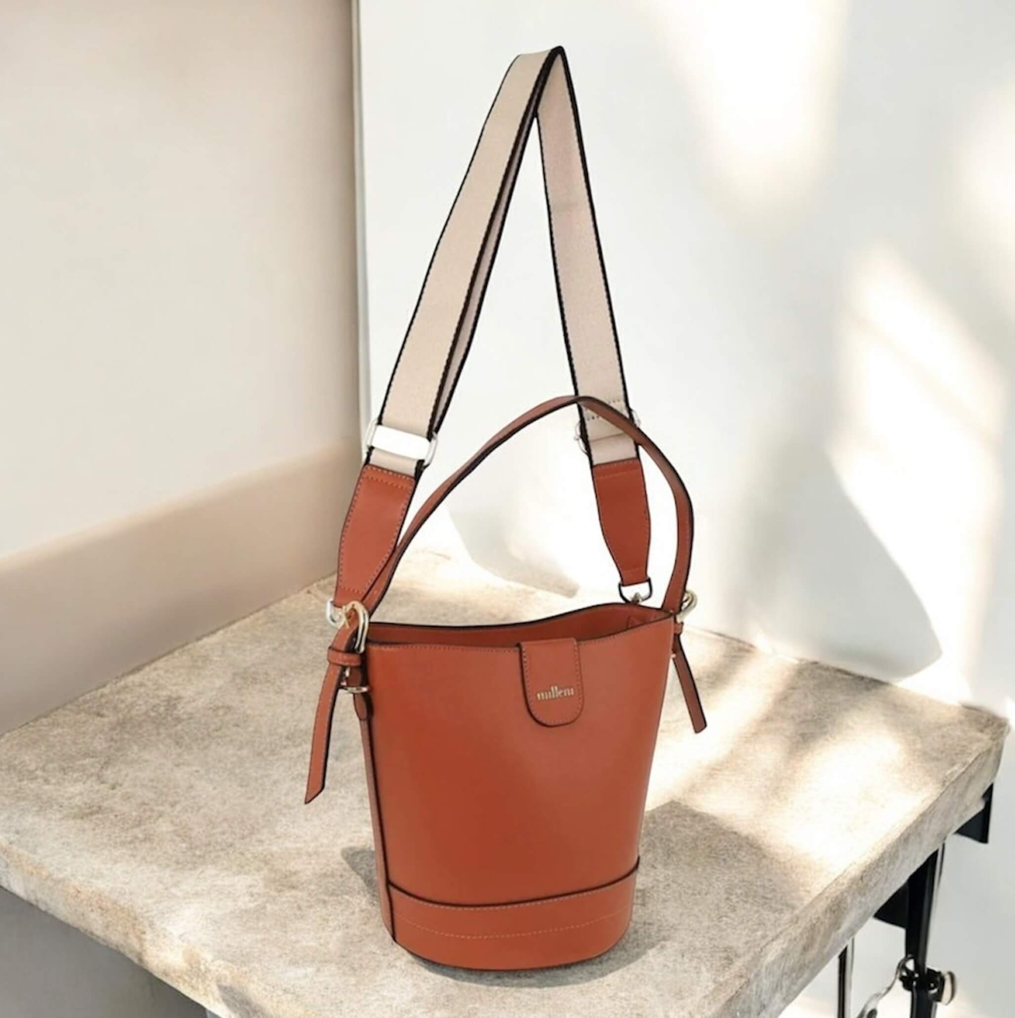 Milleni PV4033 Tan Ladies Vegan Leather Bucket Crossbody Bag 