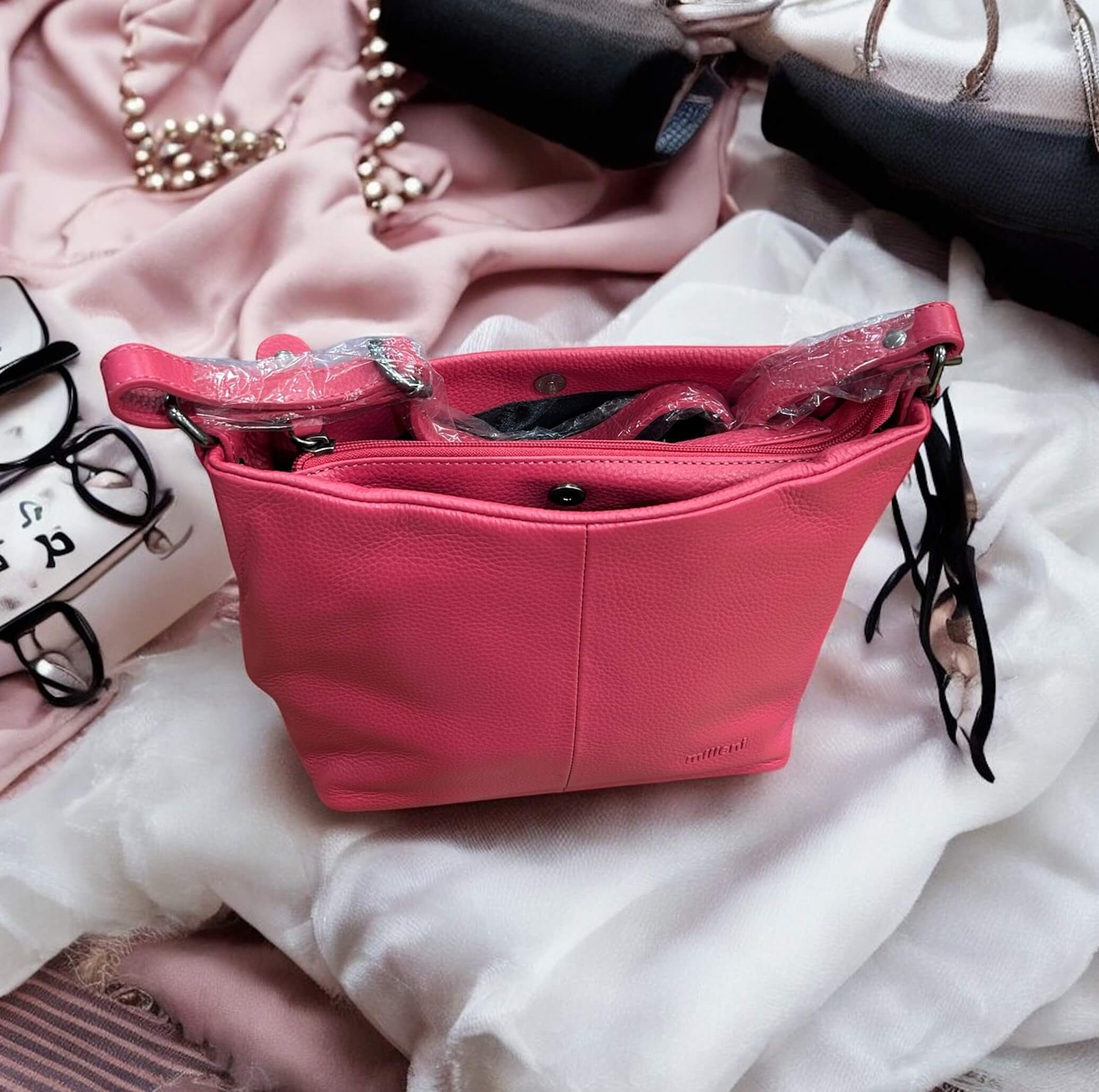 Milleni Ladies Nappa Leather Crossbody Bag in Pink