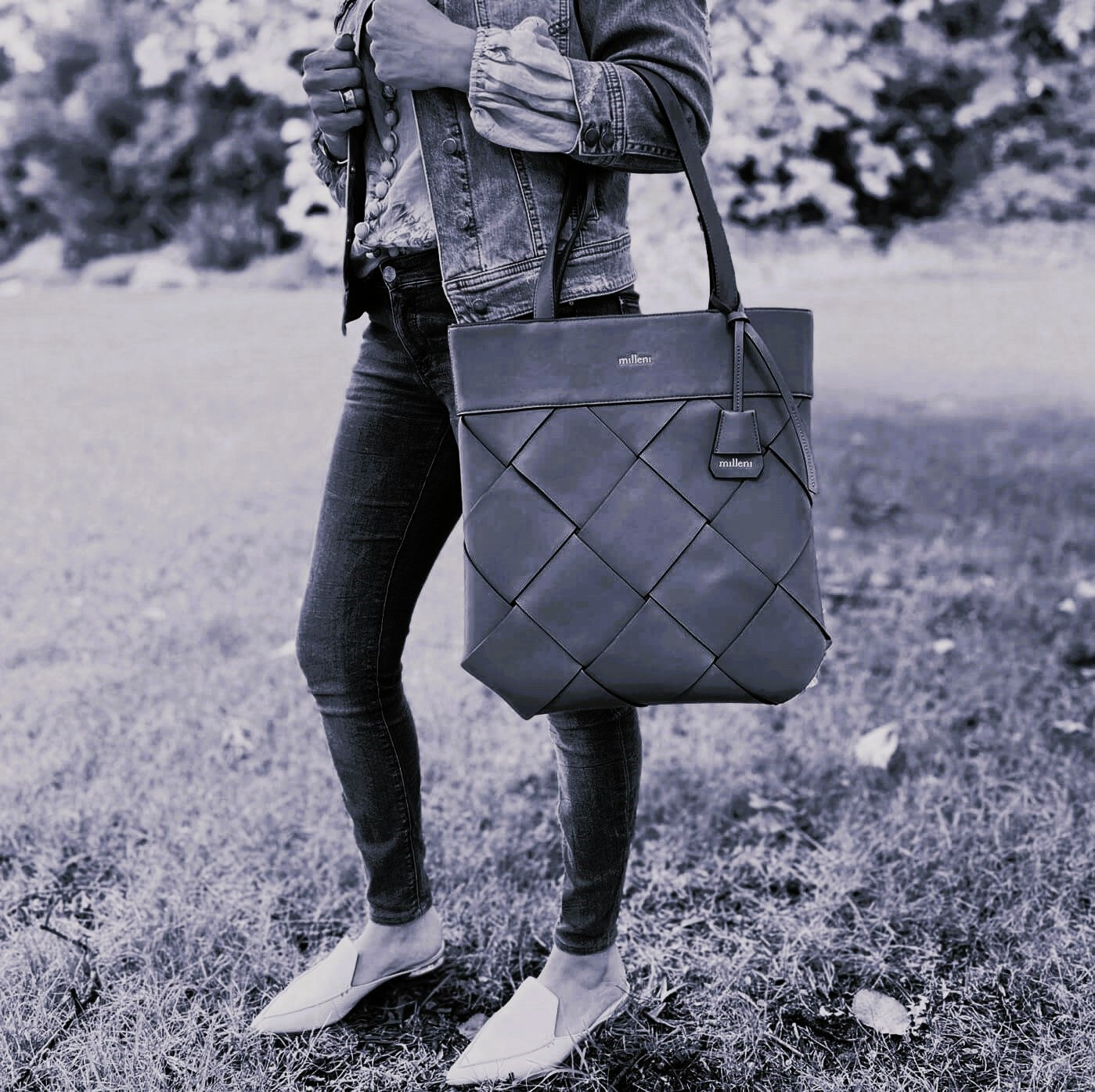 Milleni Ladies Woven Fashion Tote Handbag in Black