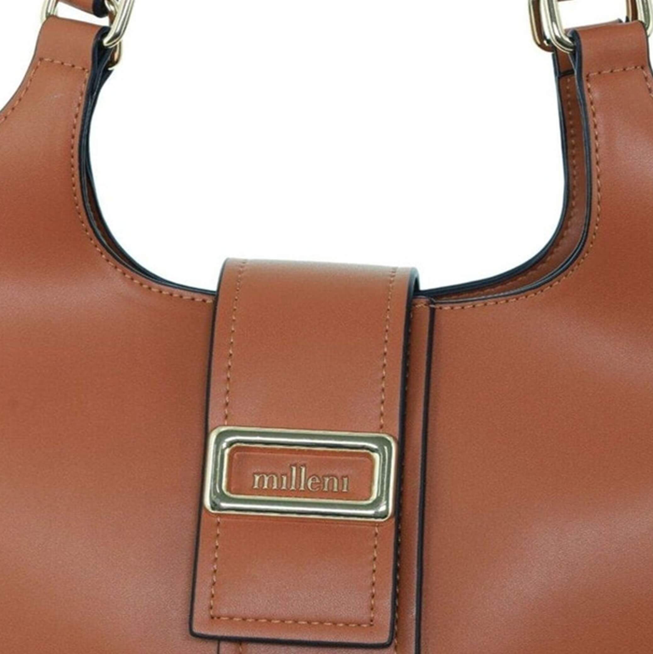 Milleni Ladies Vegan Leather Fashion Caryall Tote Bag in Tan