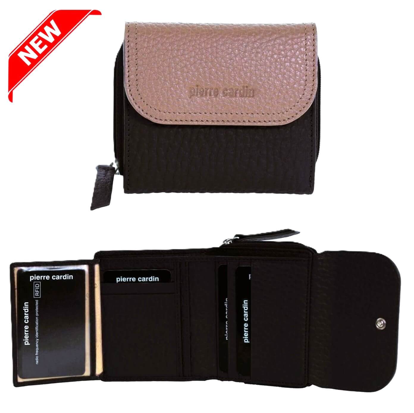 Pierre Cardin Ladies Tri-fold Tab Leather Wallet in Black/Taupe