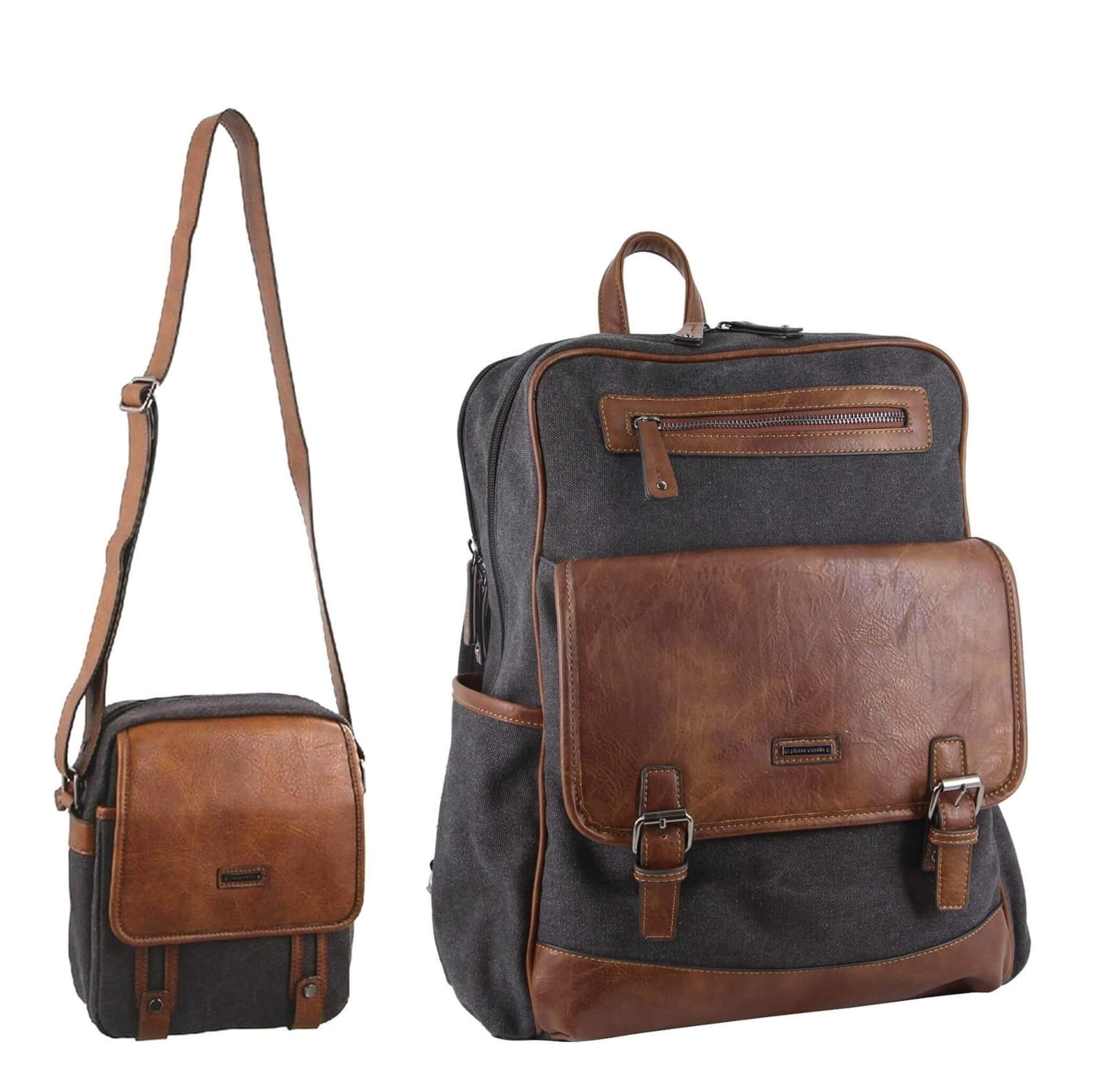 Backpack and crossbody bag with brown leather accents on a white background