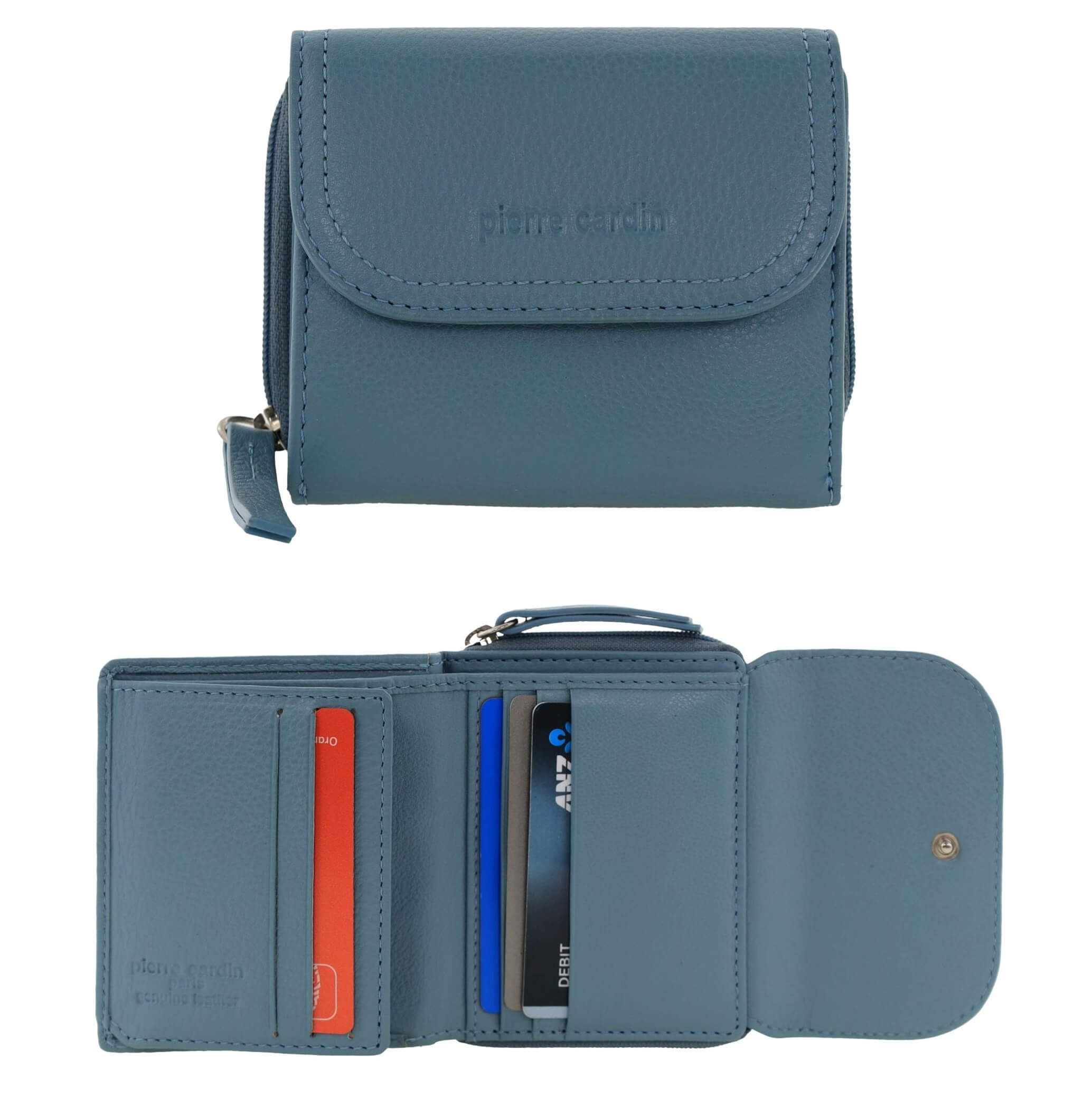 Pierre Cardin Ladies Tri-fold Tab Leather Wallet in Blue
