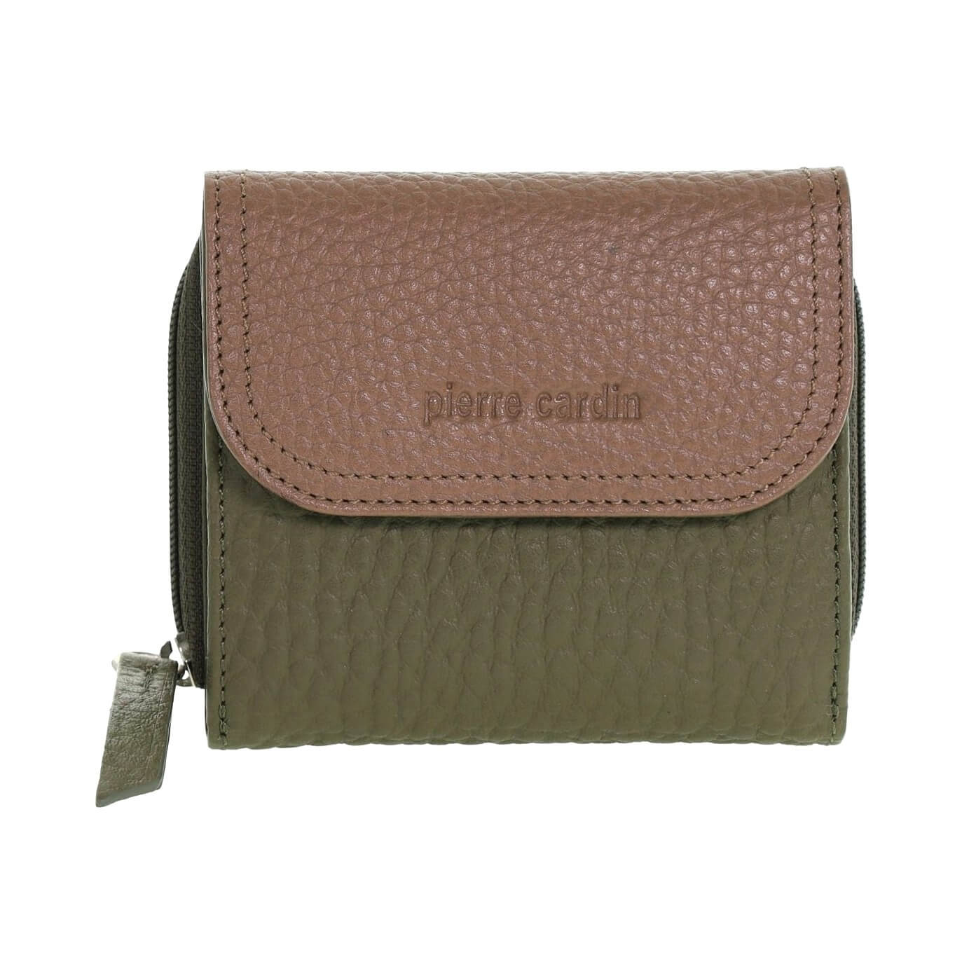 Pierre Cardin Ladies Tri-fold Tab Leather Wallet in Green/Taupe