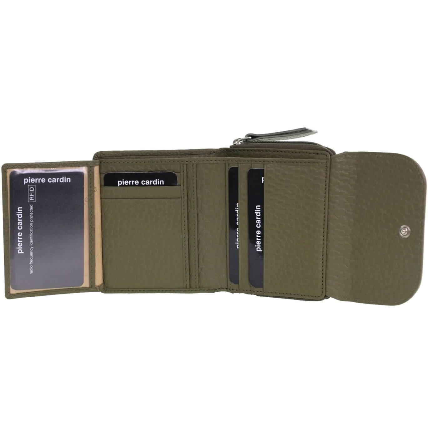 Pierre Cardin Ladies Tri-fold Tab Leather Wallet in Green/Taupe