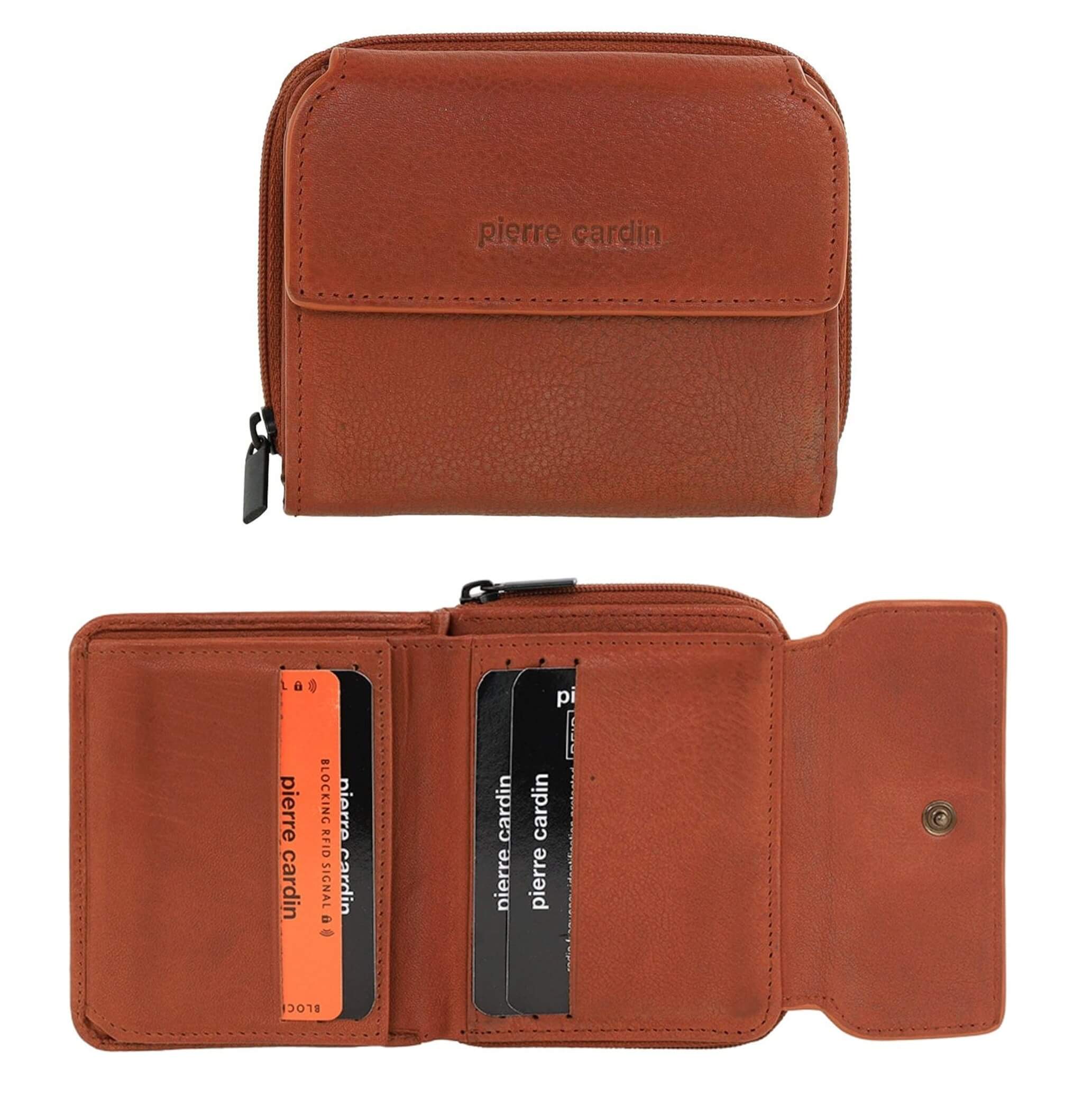 Pierre Cardin Ladies Tri-fold Tab Leather Wallet in Cognac