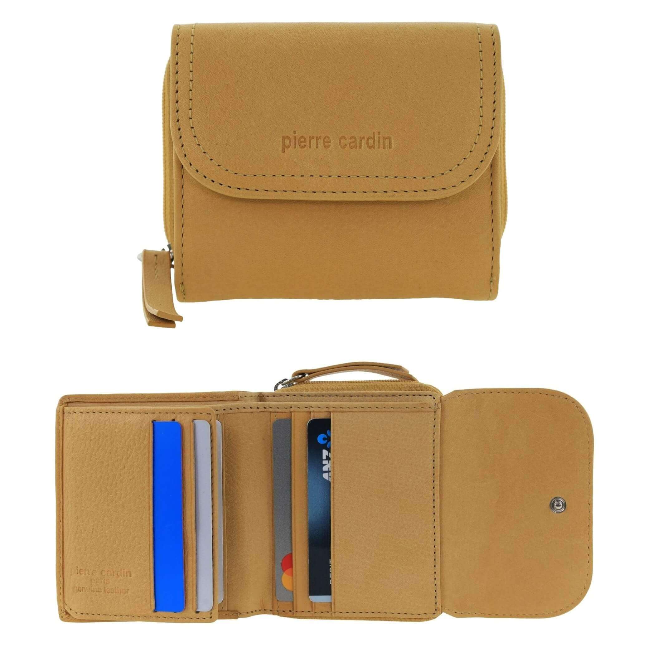 Pierre Cardin Ladies Tri-fold Tab Leather Wallet in Mustard