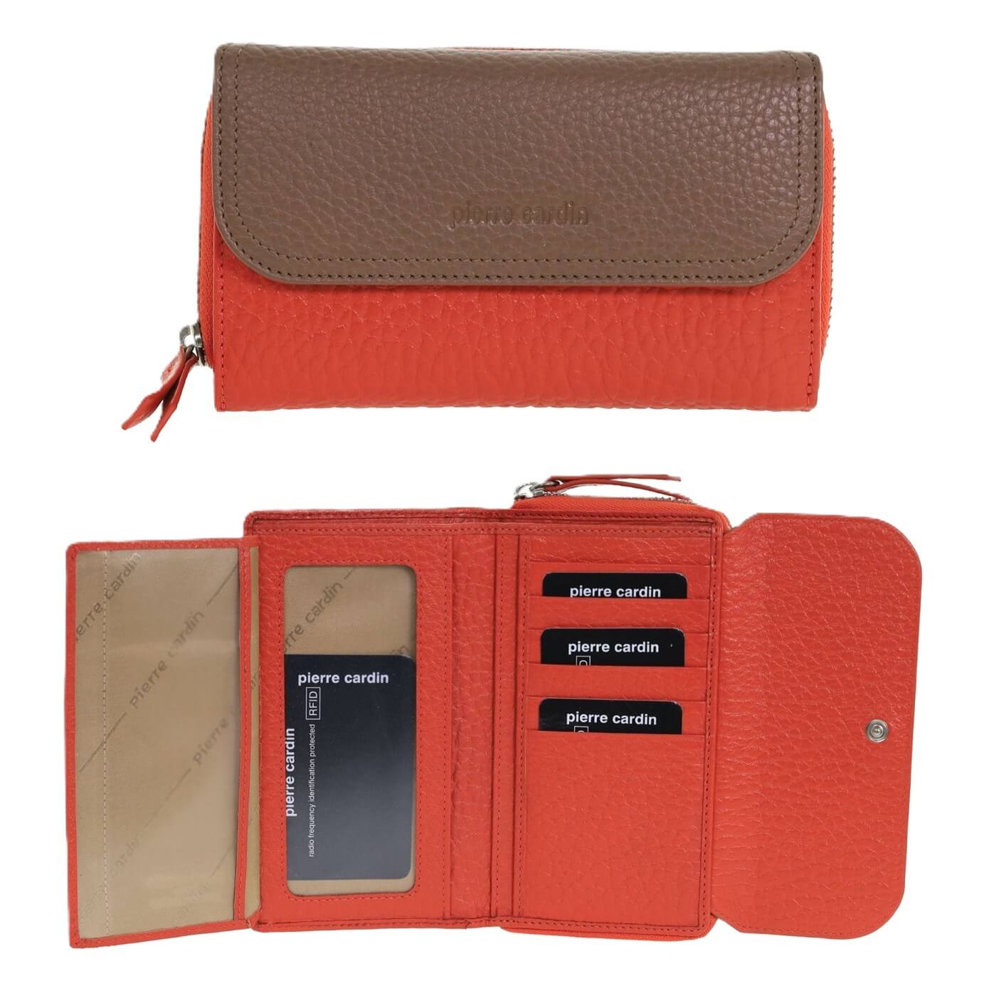 Pierre Cardin Ladies Tri-fold Tab Leather Wallet in Orange & Taupe