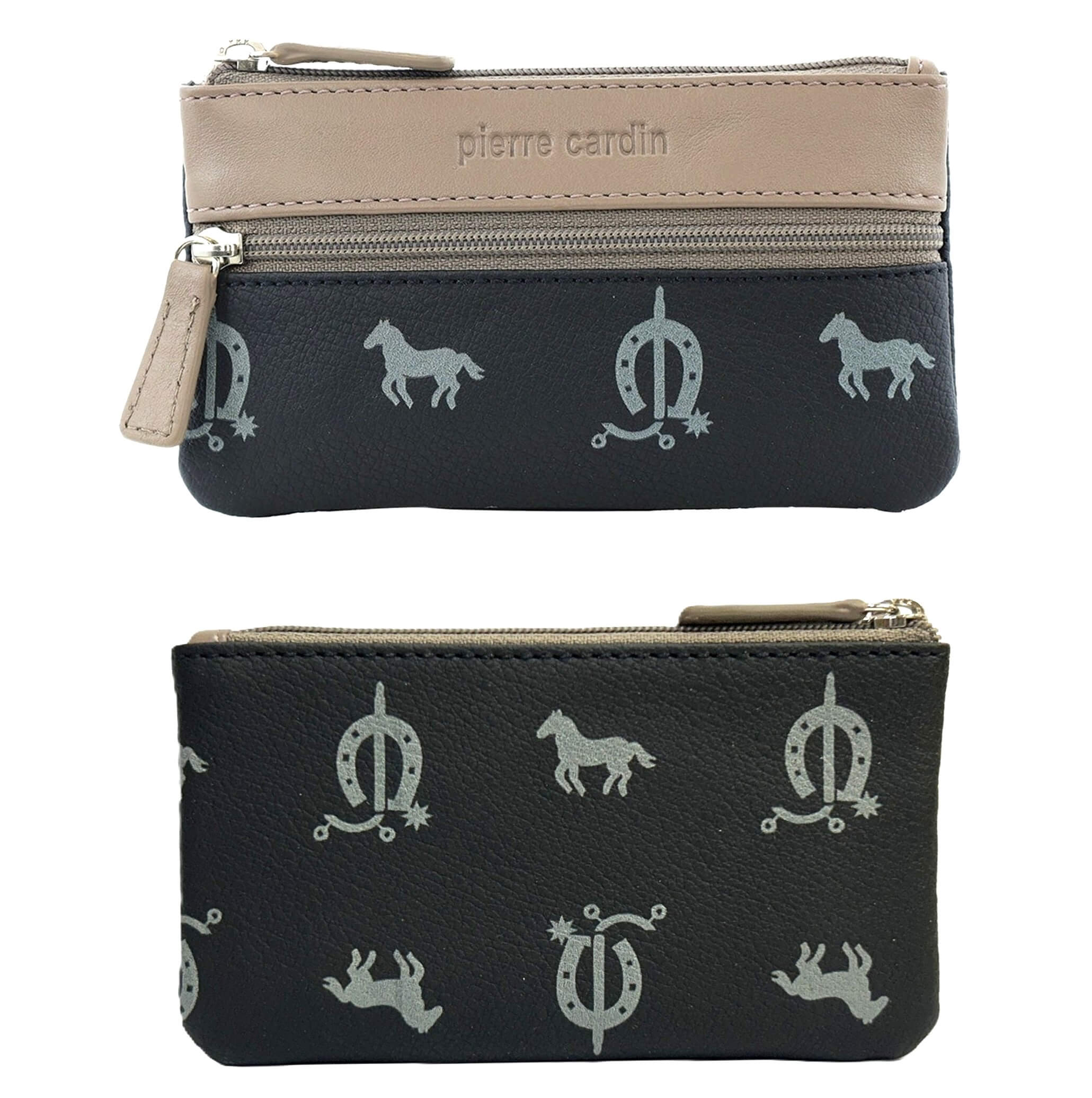 Pierre Cardin Italian Leather Coin Purse/Key Holder in Black-Taupe