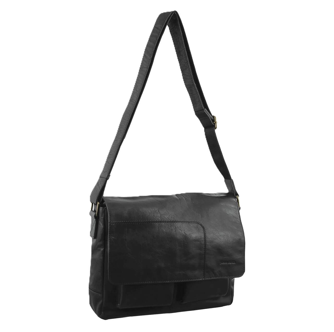 Pierre Cardin Men's Rustic Leather Messenger Bag in Black