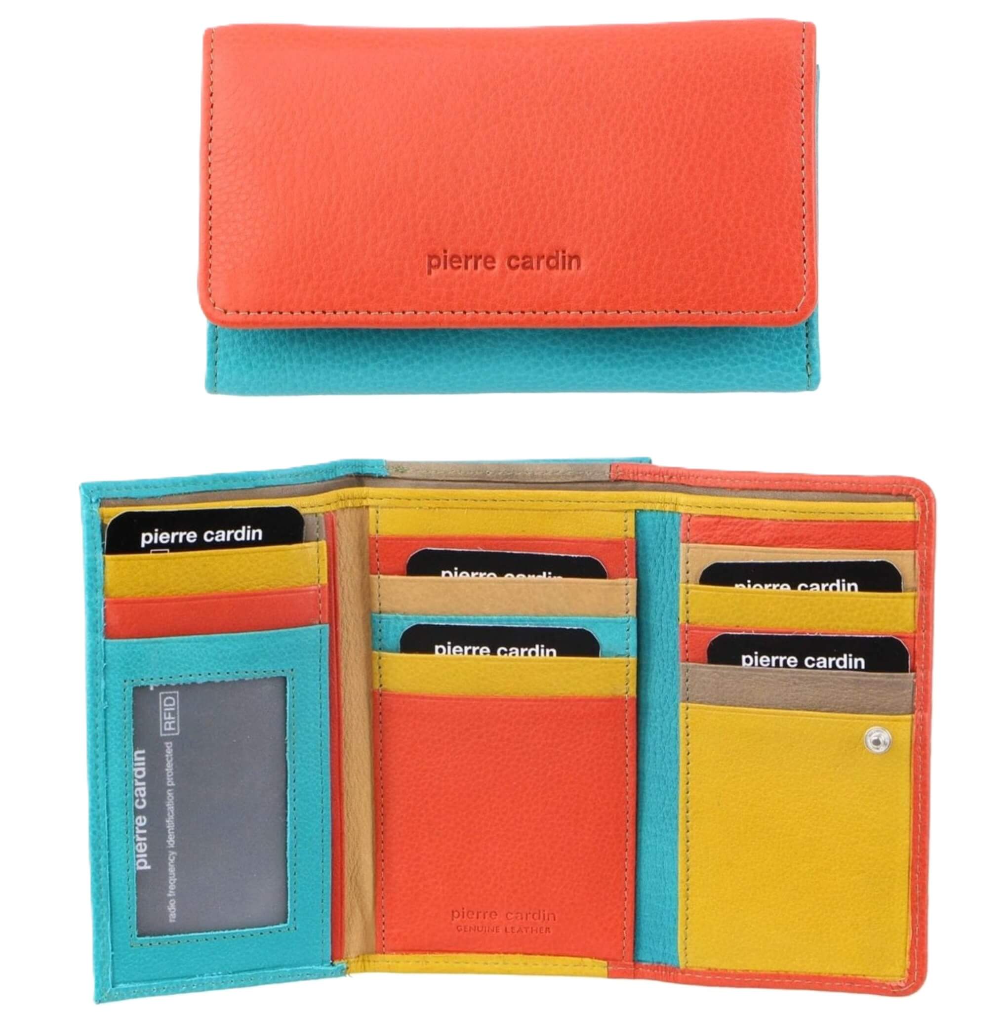 Pierre Cardin Multi-Colour Ladies Leather Tri-fold Wallet in Orange/Turquoise
