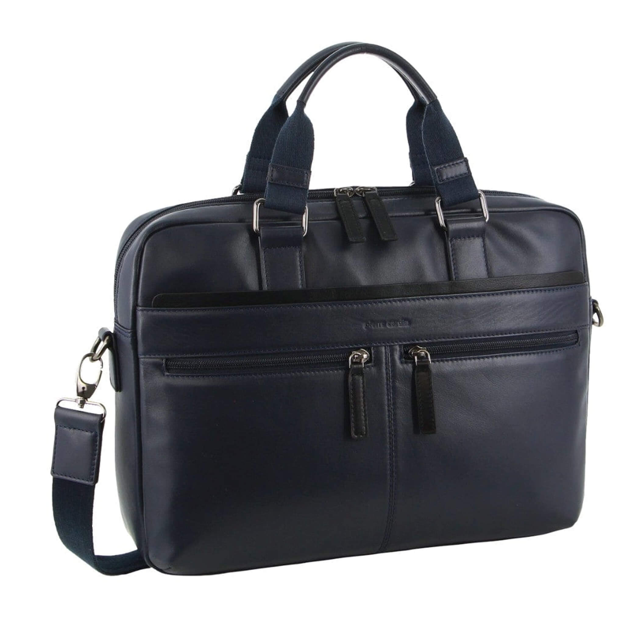 Pierre Cardin Mens Leather Business Laptop Bag in Black/Navy
