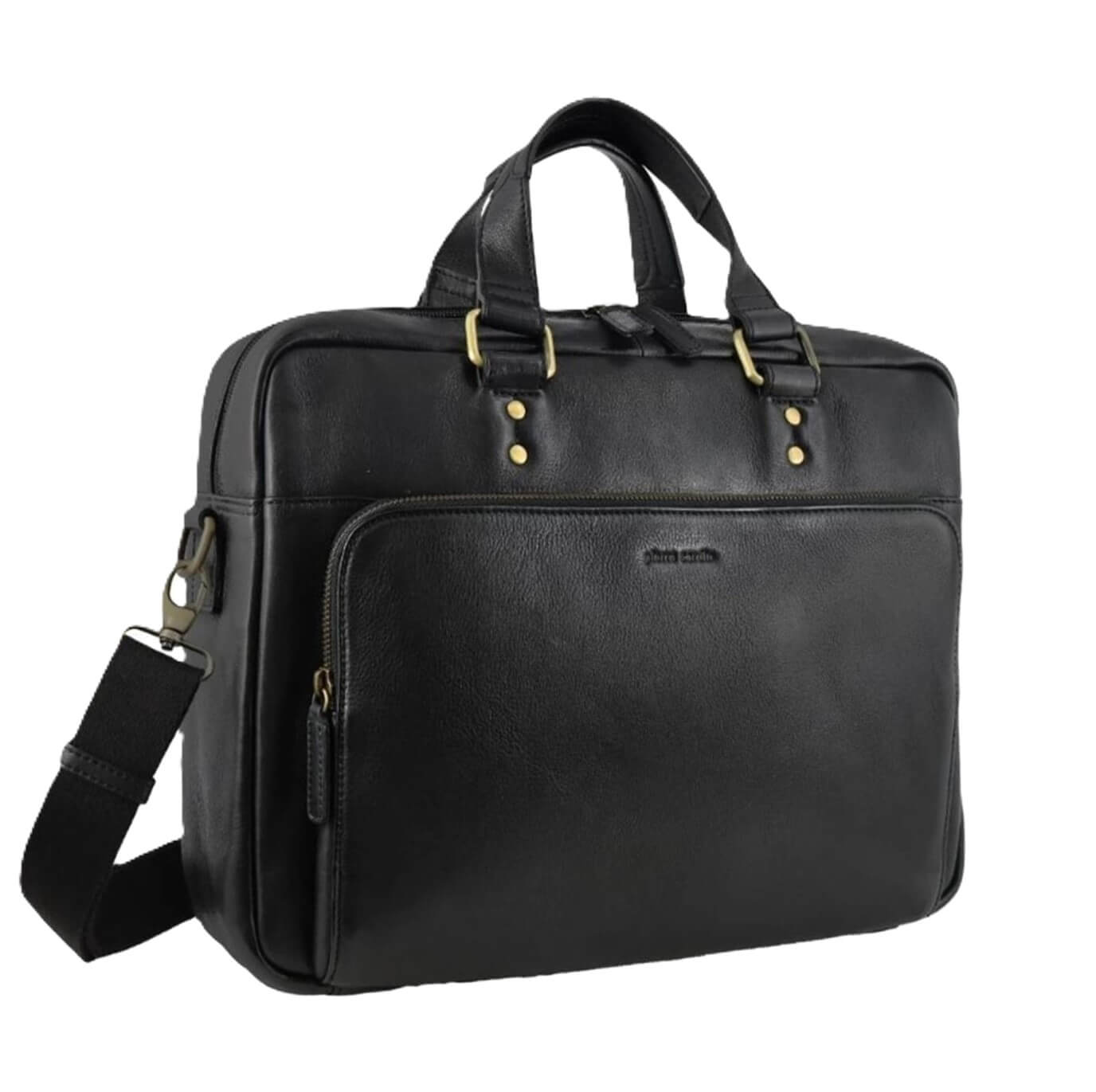 Pierre Cardin Mens Rustic Leather Business-Laptop Bag in Black