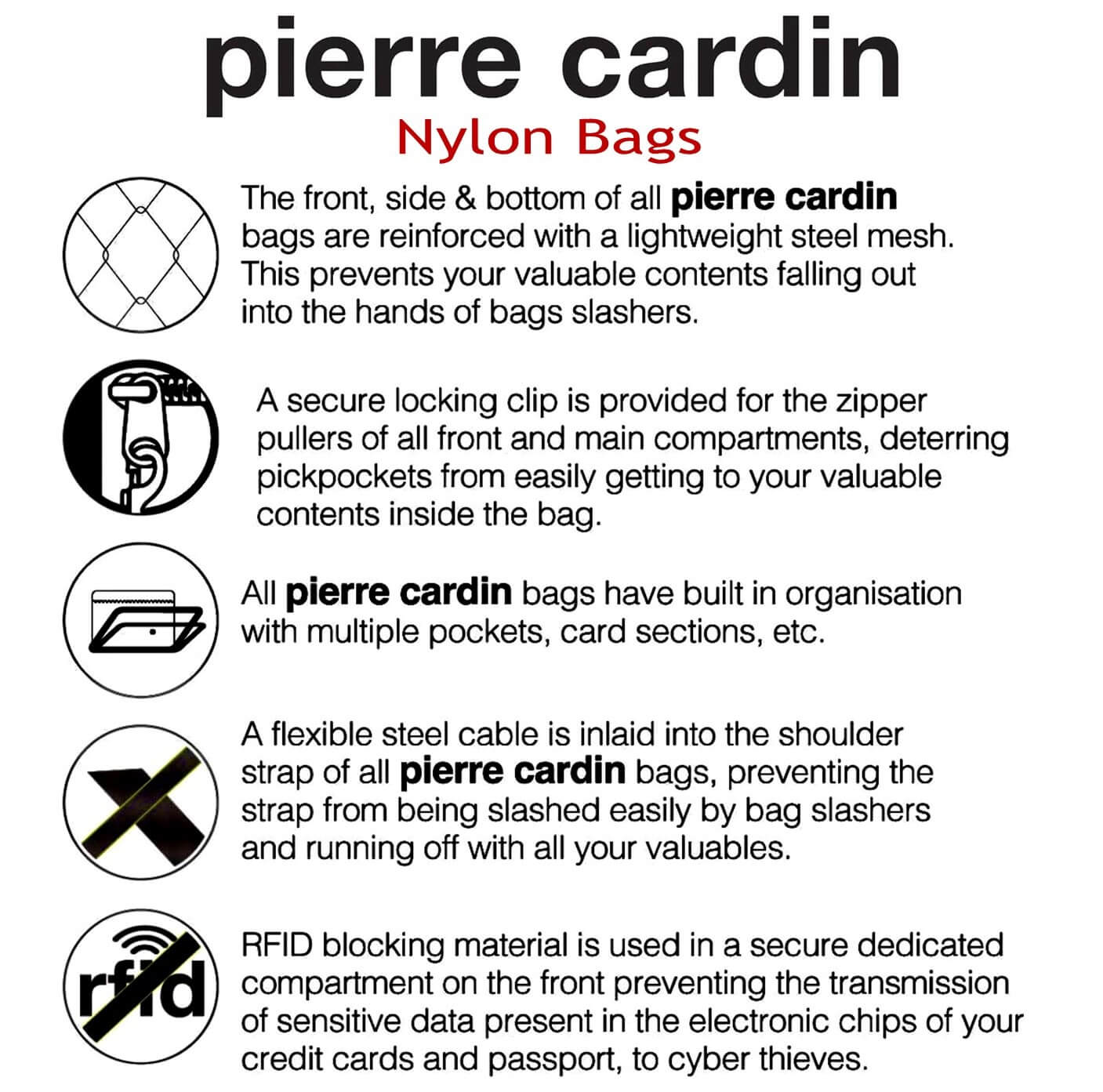 Pierre Cardin Nylon bags – Anti – Theft – RFID - Slash Proof