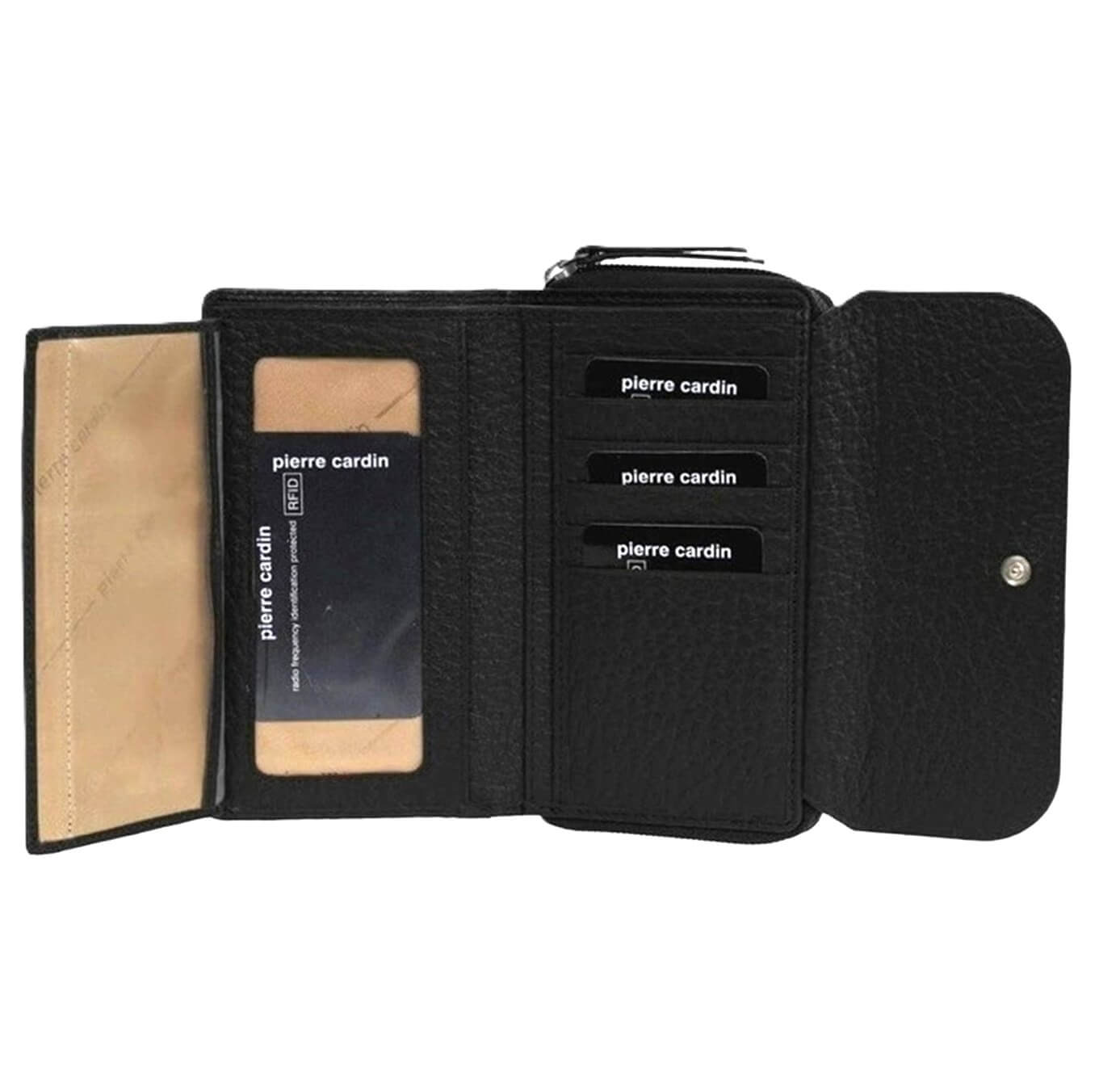 Pierre Cardin Ladies Tri-fold Tab Leather Wallet in Black & Taupe