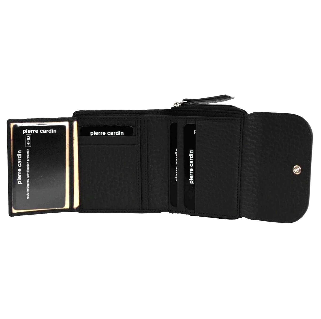 Pierre Cardin Ladies Tri-fold Tab Leather Wallet in Black/Taupe