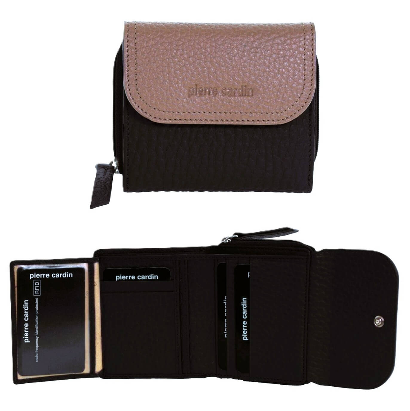 Pierre Cardin Ladies Tri-fold Tab Leather Wallet in Black/Taupe