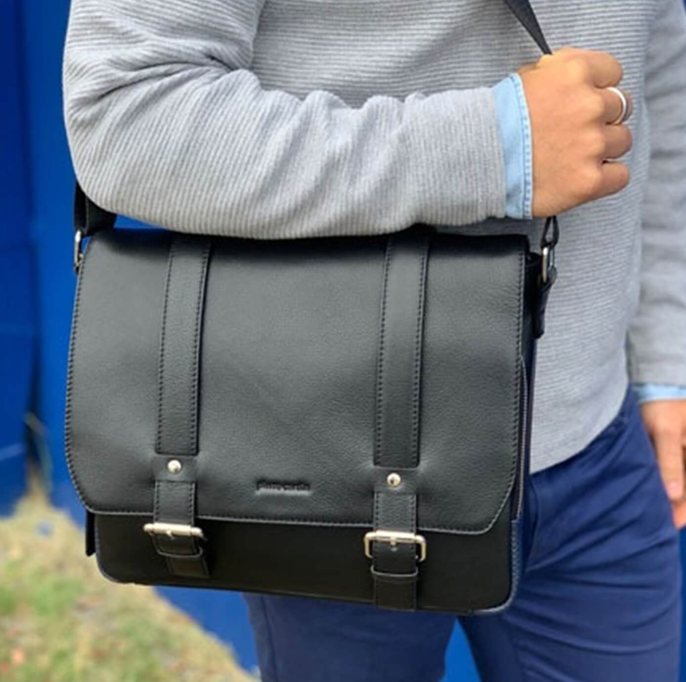 Pierre Cardin Italian Leather 13-inch Laptop Bag in Black/Navy