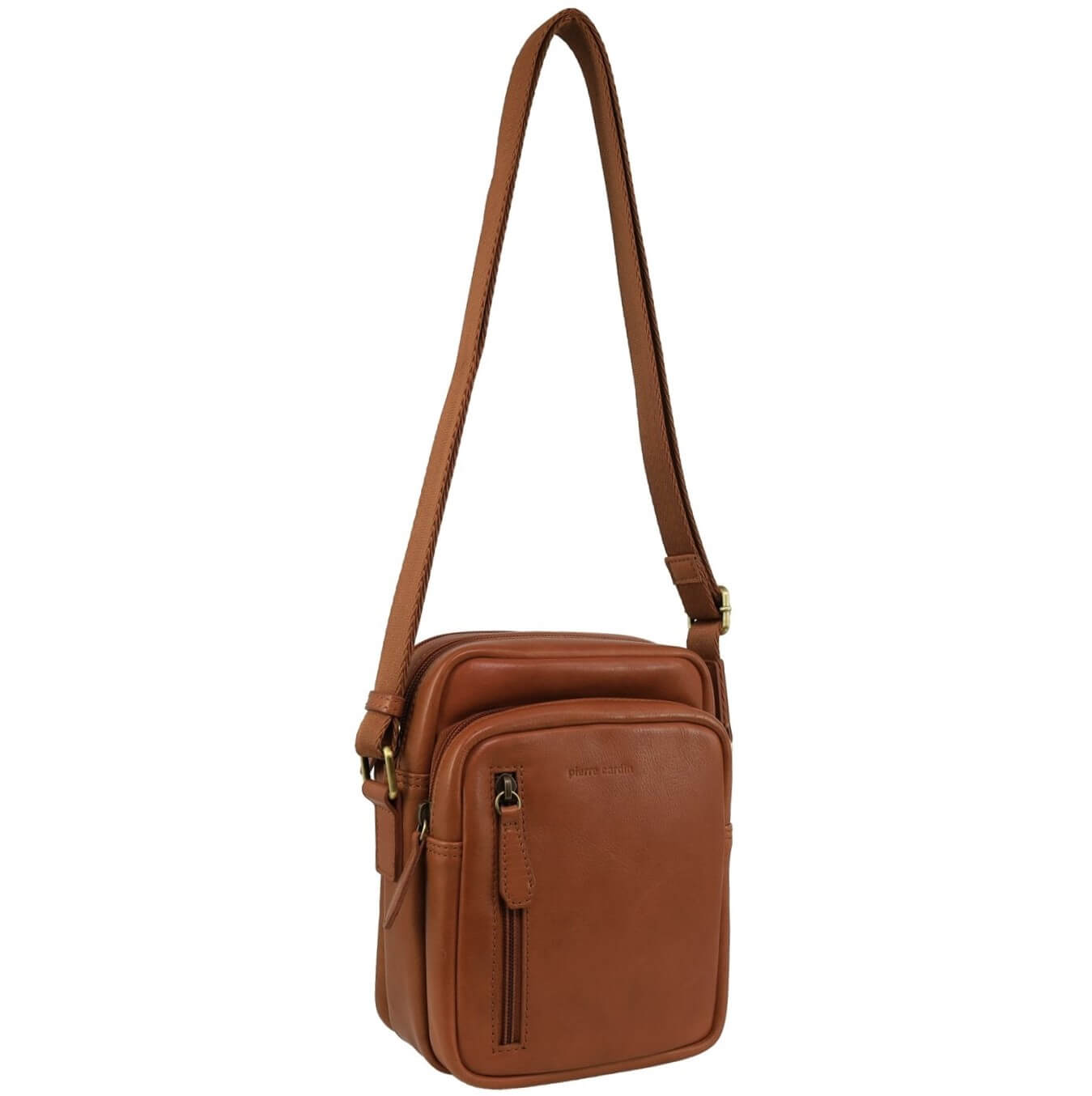 Pierre Cardin Men’s Genuine Leather Twin Zip Crossbody Bag in Cognac