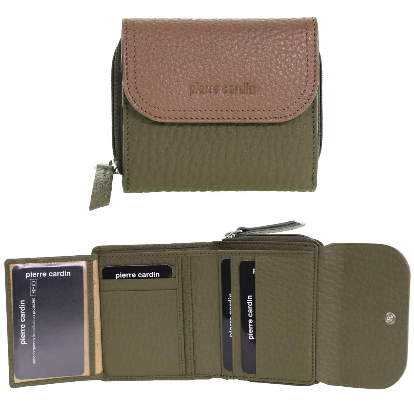 Pierre Cardin Ladies Tri-fold Tab Leather Wallet in Green/Taupe