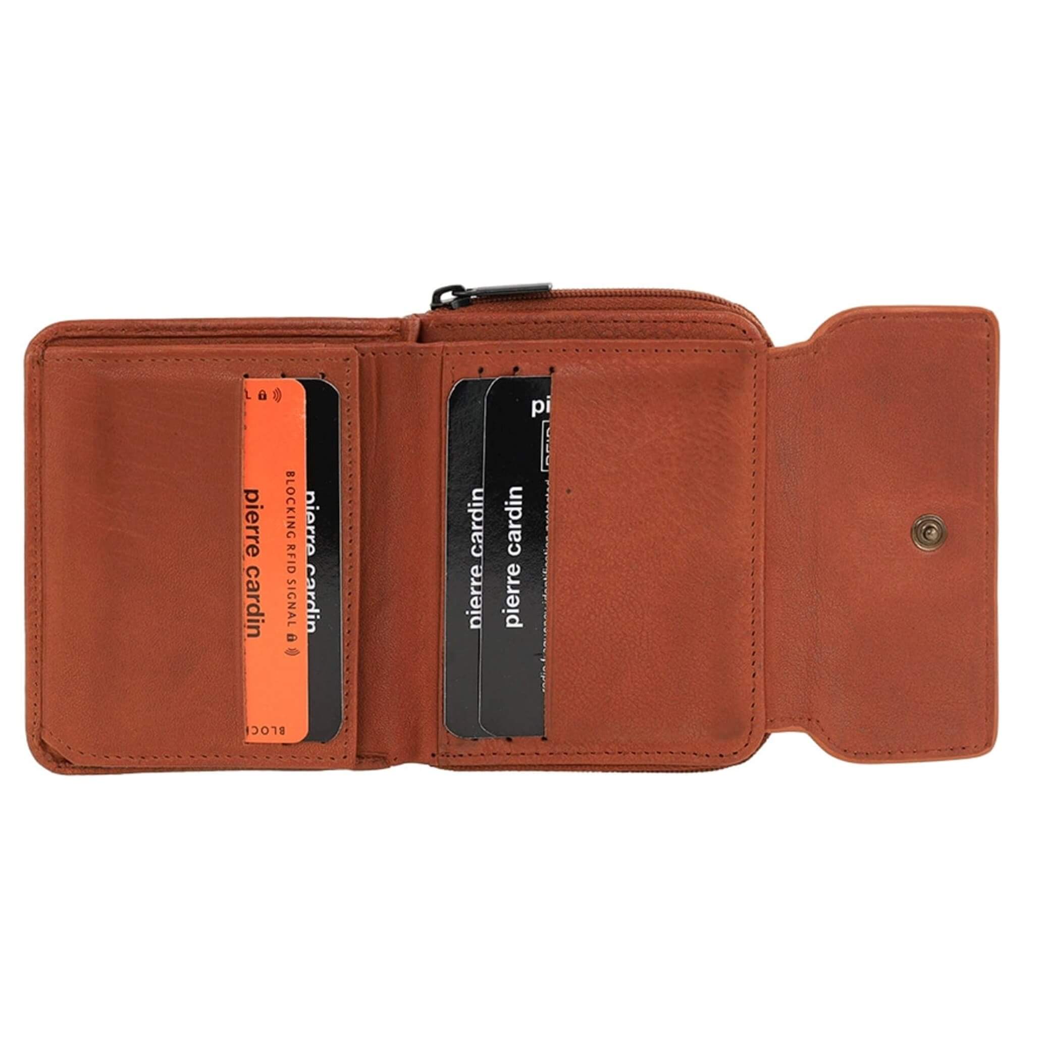 Pierre Cardin Ladies Tri-fold Tab Leather Wallet in Cognac