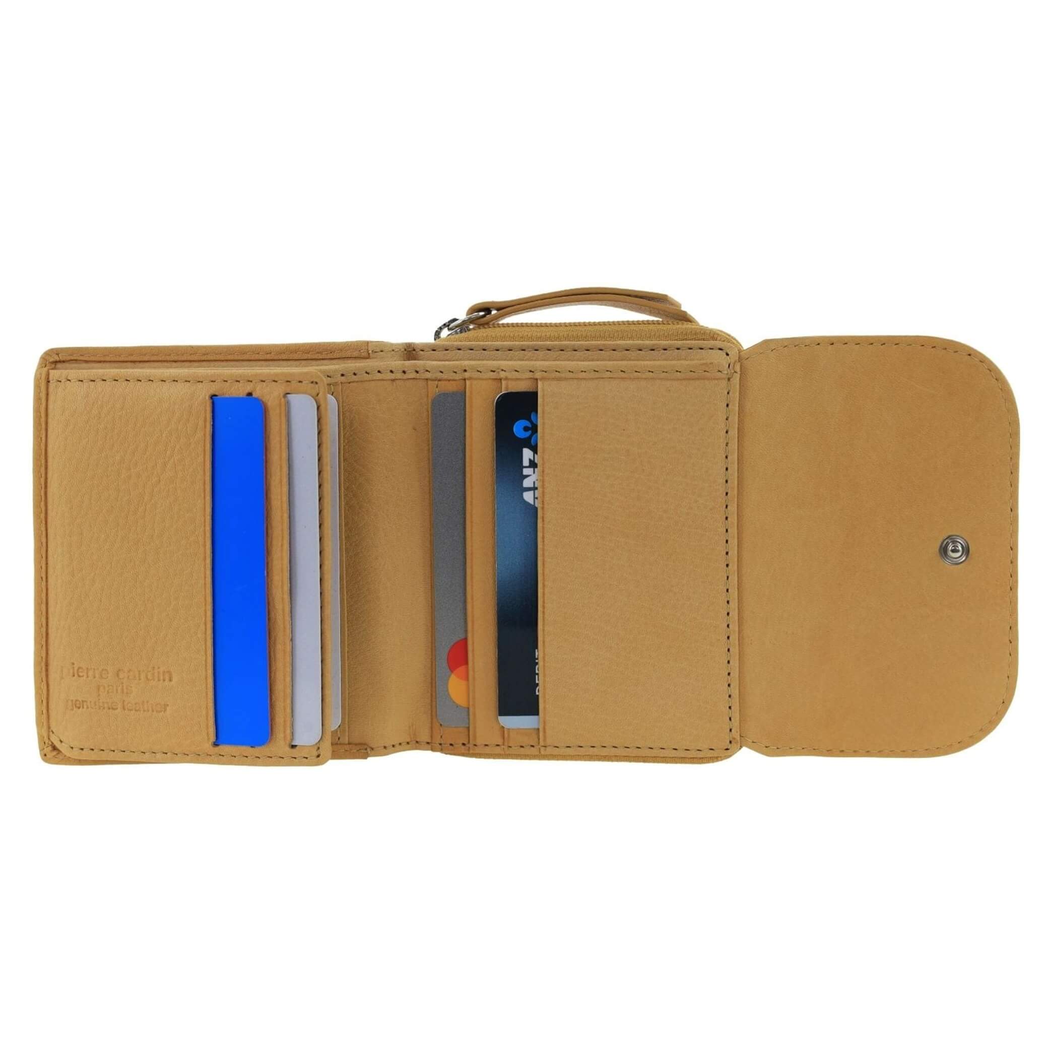 Pierre Cardin Ladies Tri-fold Tab Leather Wallet in Mustard