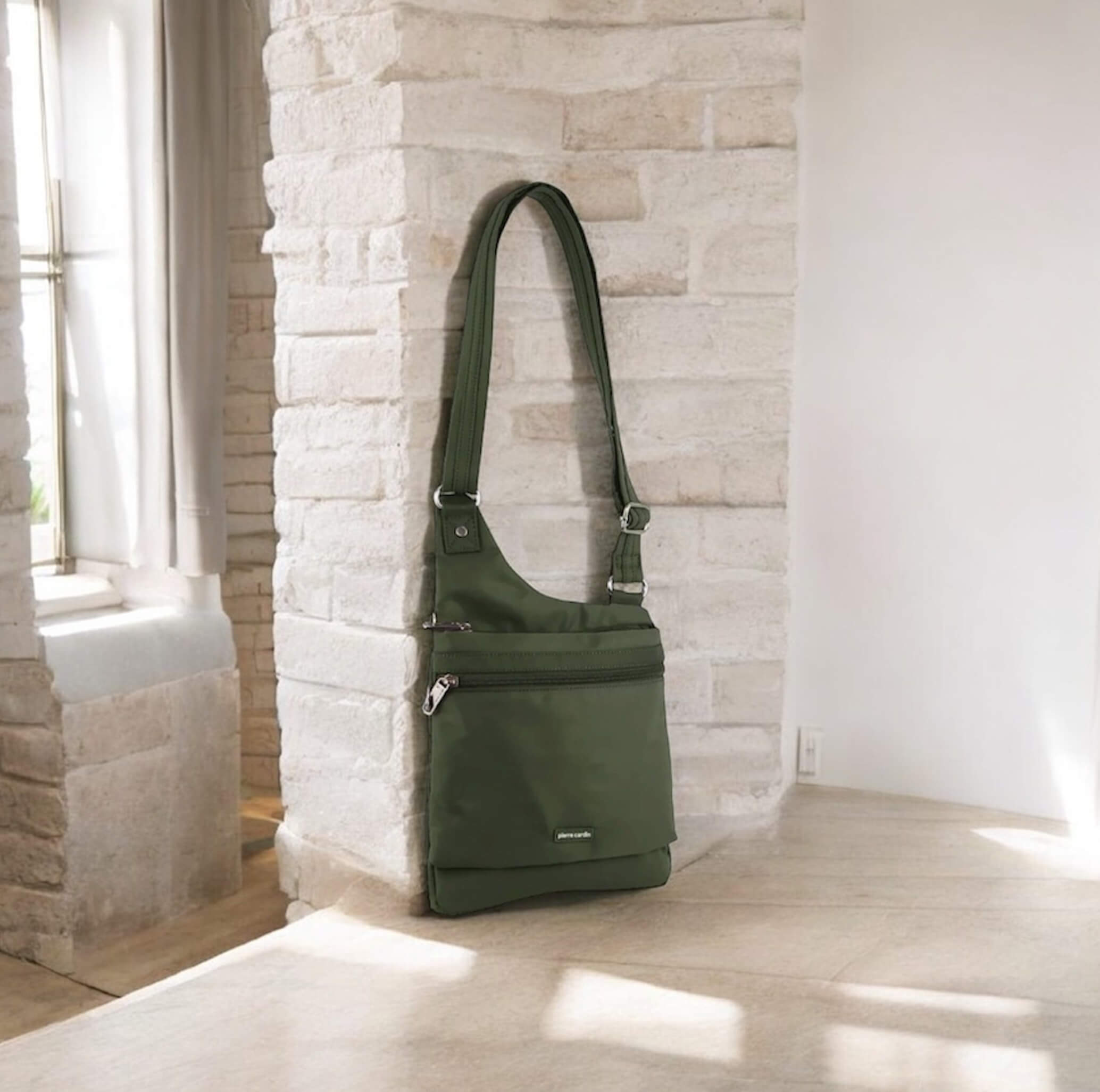 Pierre Cardin Ladies Anti-Theft-RFID Nylon Crossbody Bag in Olive