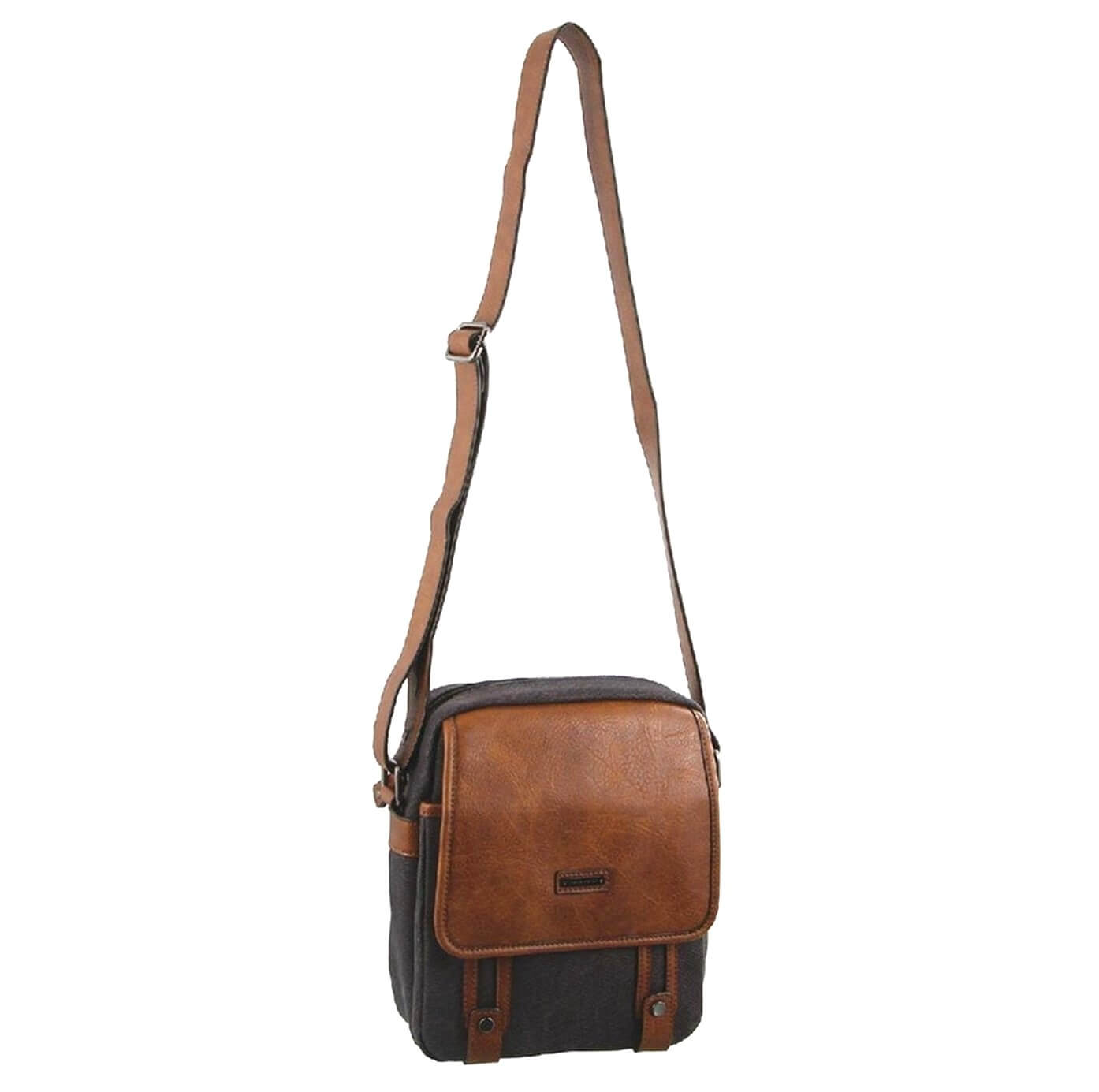 Brown and black crossbody bag on a white background