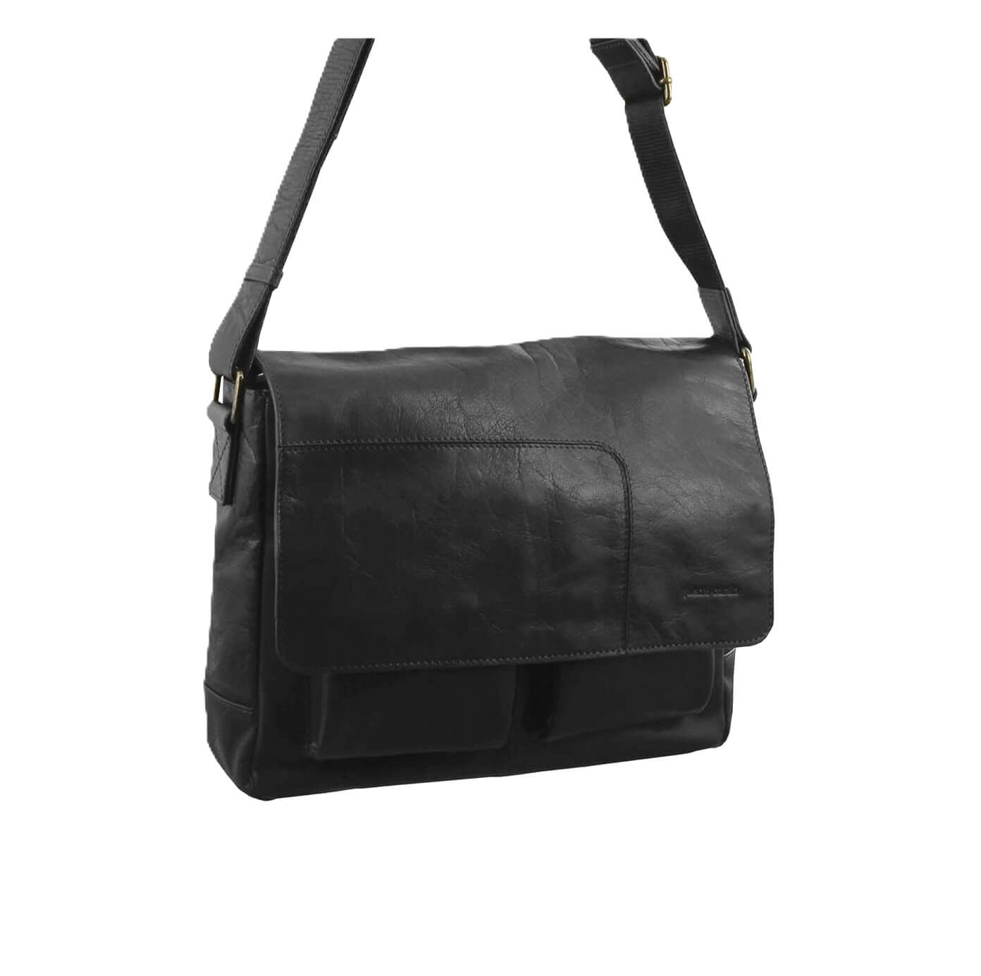Pierre Cardin Men's Rustic Leather Messenger Bag in Black