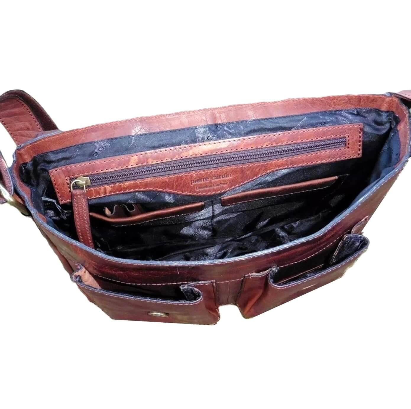 Pierre Cardin Men's Rustic Leather Messenger Bag in Chestnut