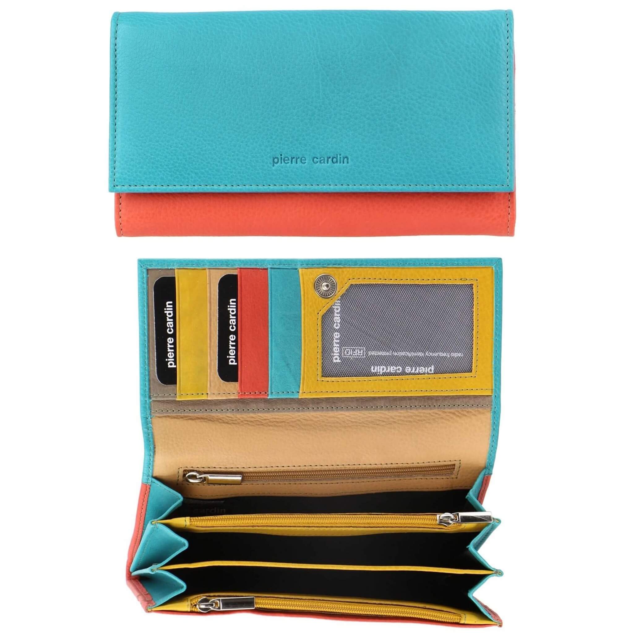 Pierre Cardin Multi-Colour Ladies Leather Tri-fold Wallet in Turquoise/Orange
