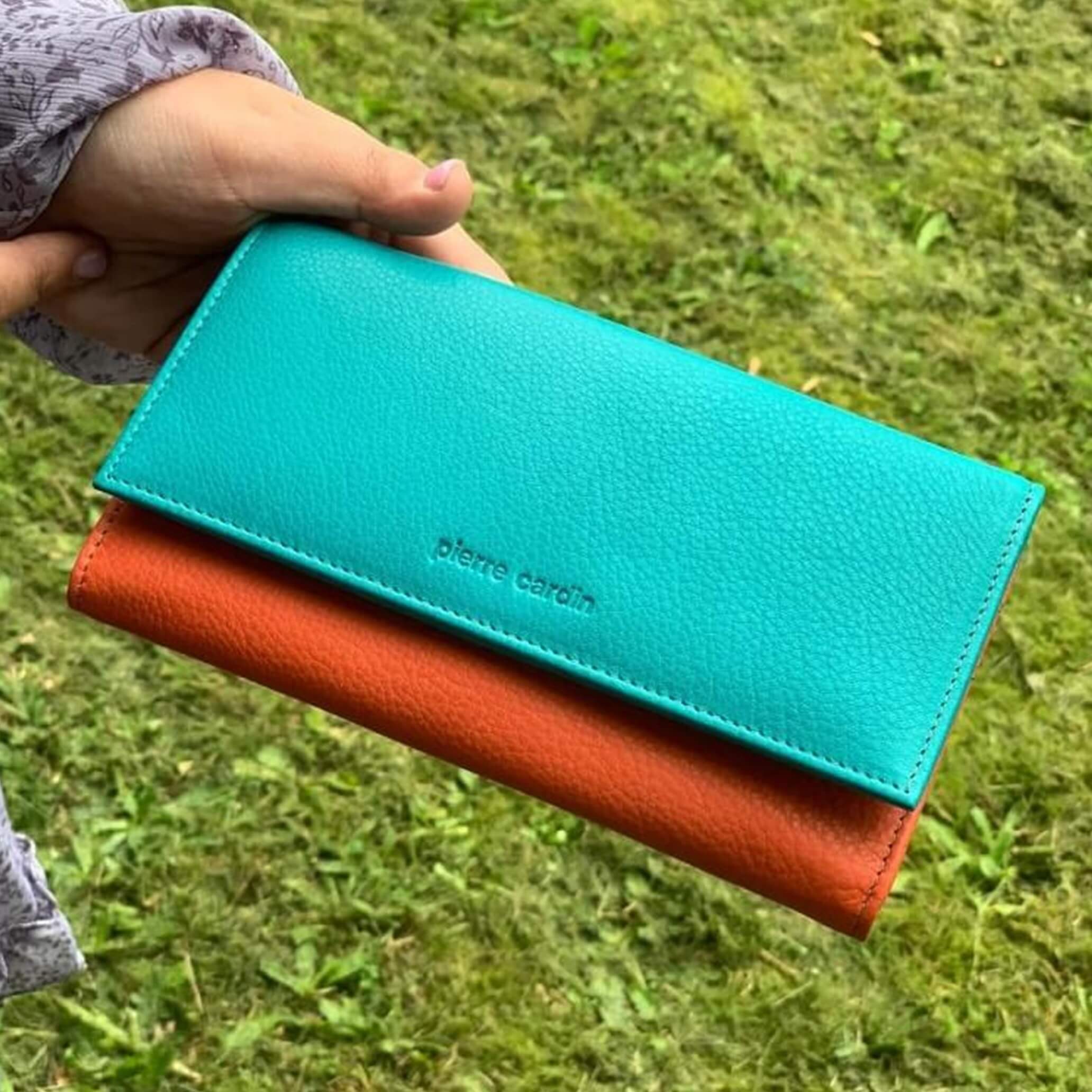 Pierre Cardin Multi-Colour Ladies Leather Tri-fold Wallet in Turquoise/Orange