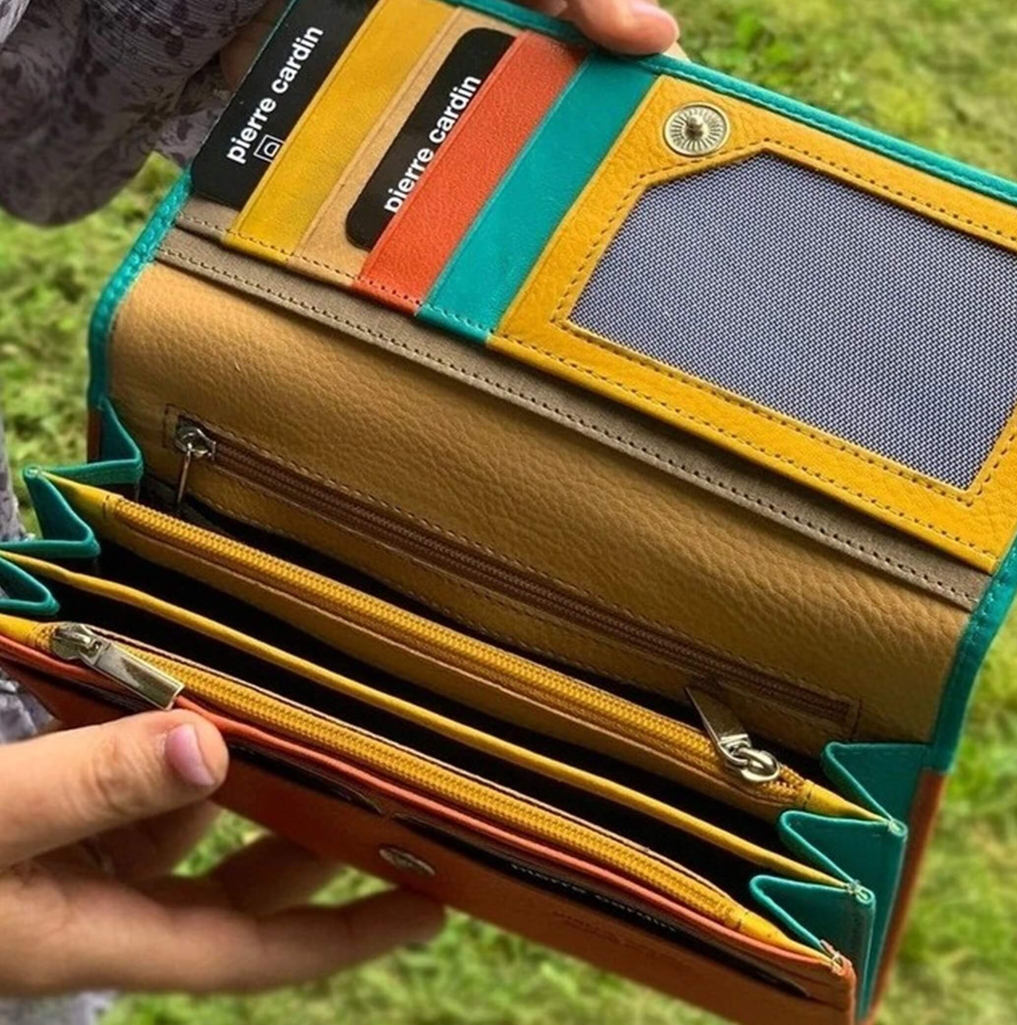 Pierre Cardin Multi-Colour Ladies Leather Tri-fold Wallet in Turquoise/Orange