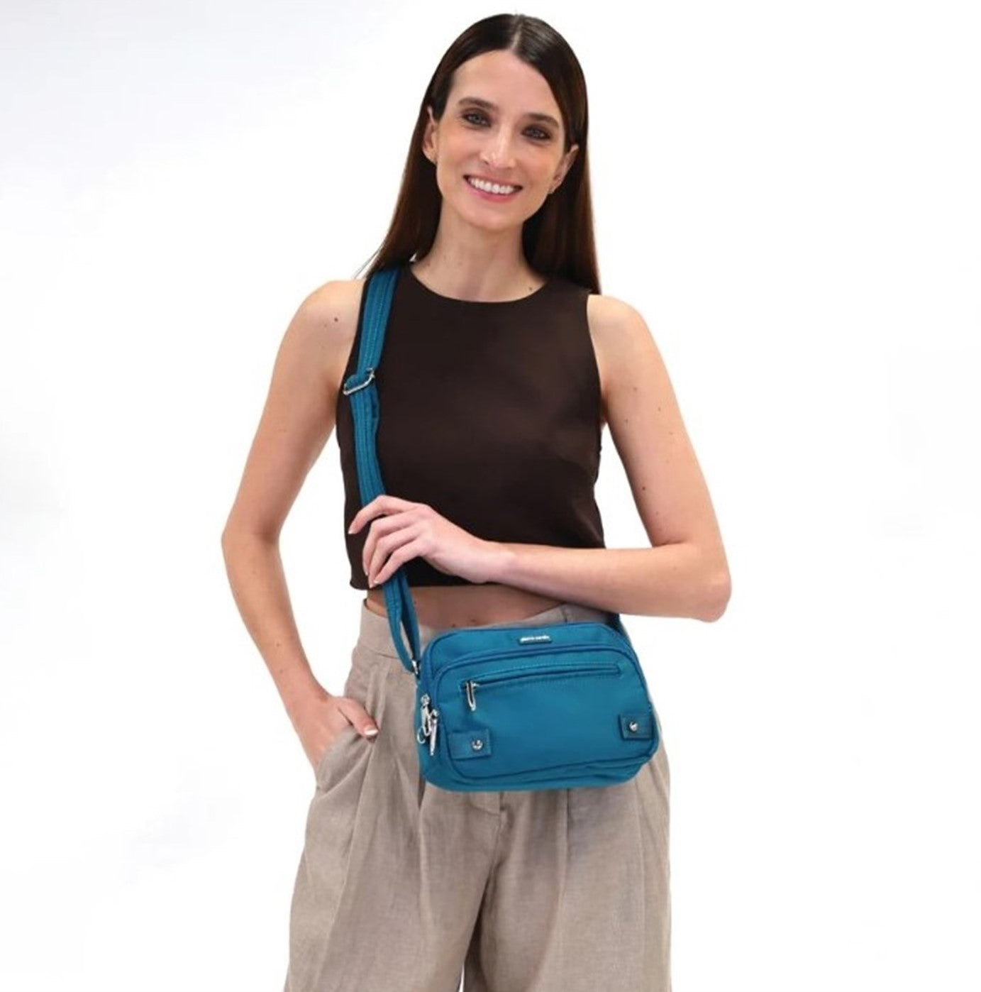 Pierre Cardin Ladies Nylon Anti-Theft RFID Crossbody Bag in Turquoise