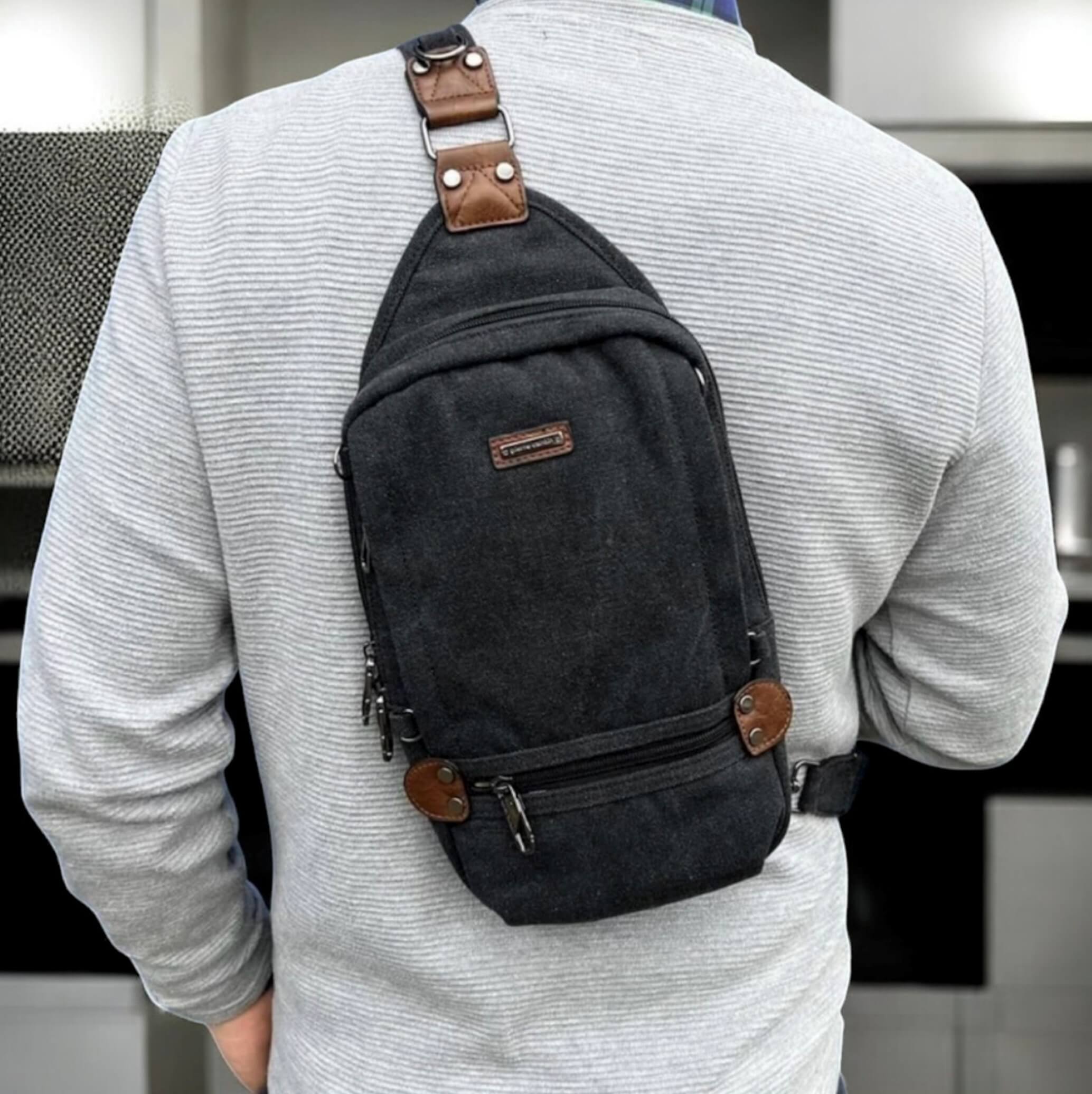 Pierre Cardin Canvas-Leather Crossbody Sling Bag in Black