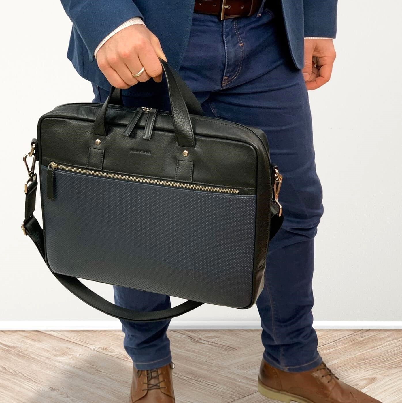 Pierre Cardin Men’s Leather Laptop-Business Bag in Black & Navy