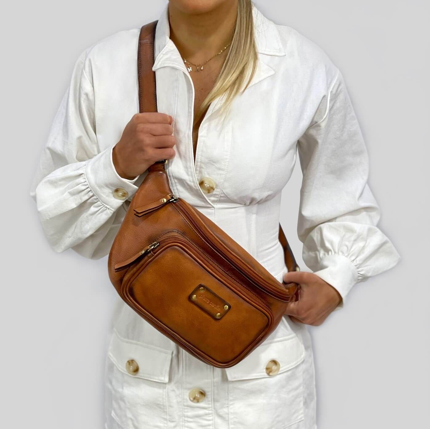 Pierre Cardin Unisex Burnished Leather Sling Bag in Cognac