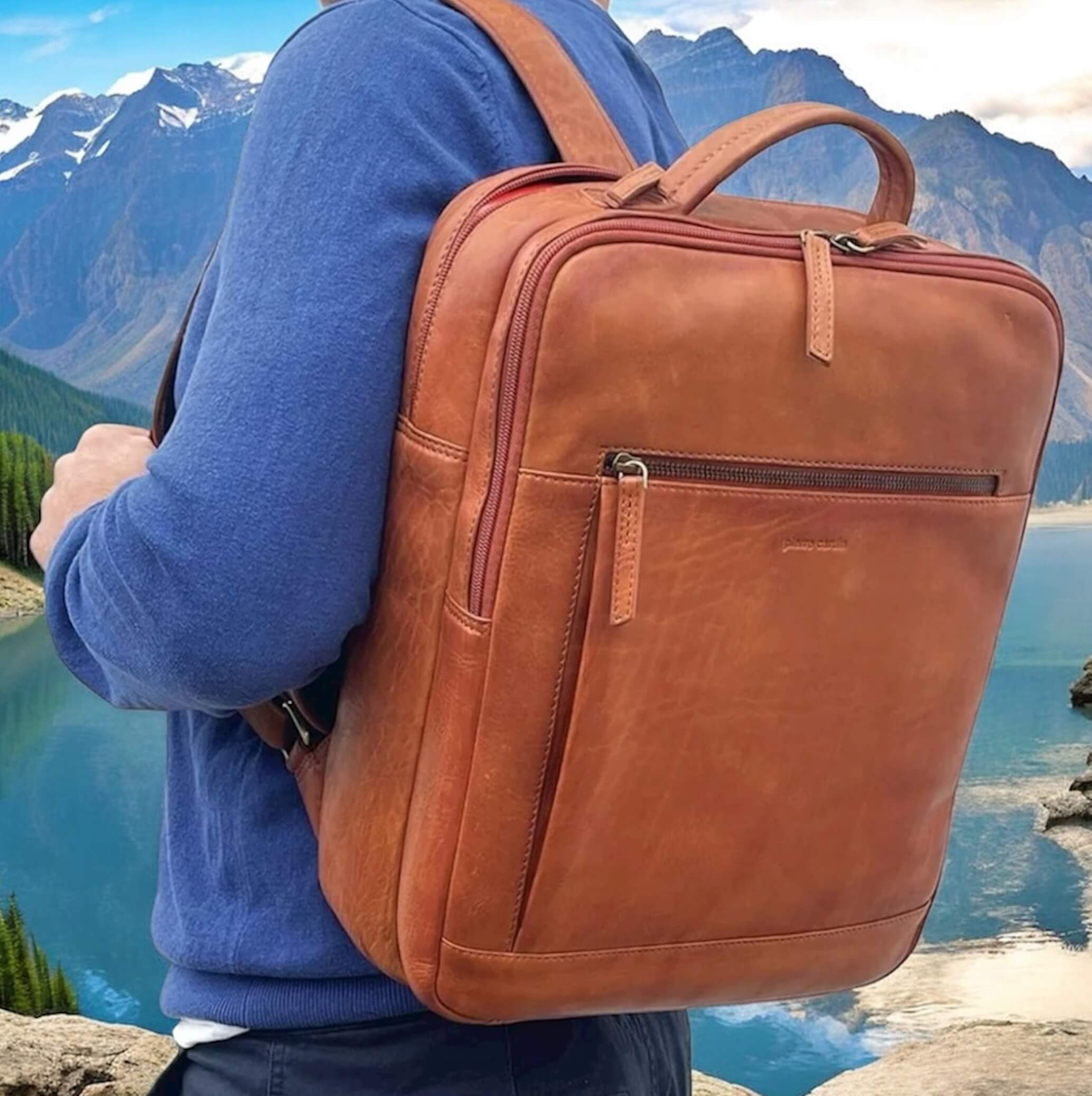 Pierre Cardin Italian Leather Business-Laptop Backpack in Cognac