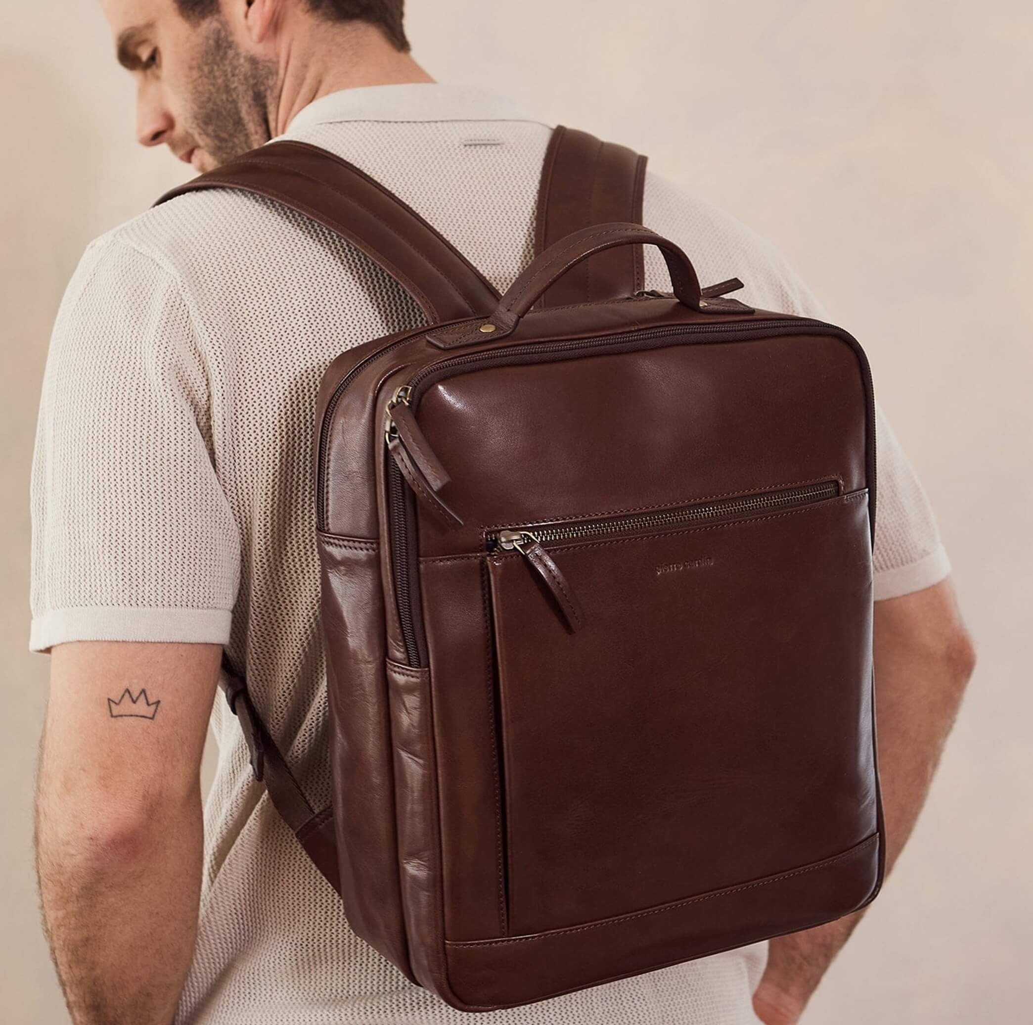Pierre Cardin Italian Leather Business-Laptop Backpack in Oak