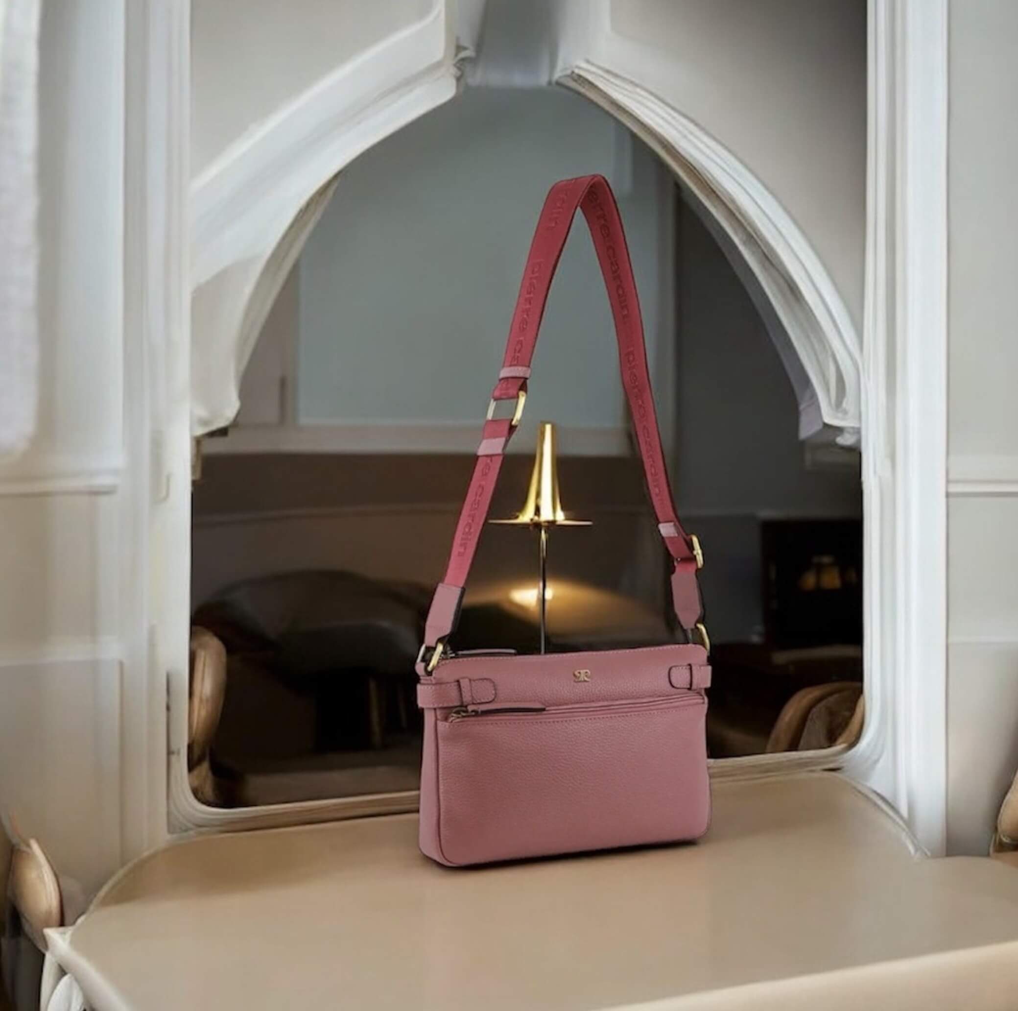 Pierre Cardin Ladies Webbing Strap Leather Handbag in Rose