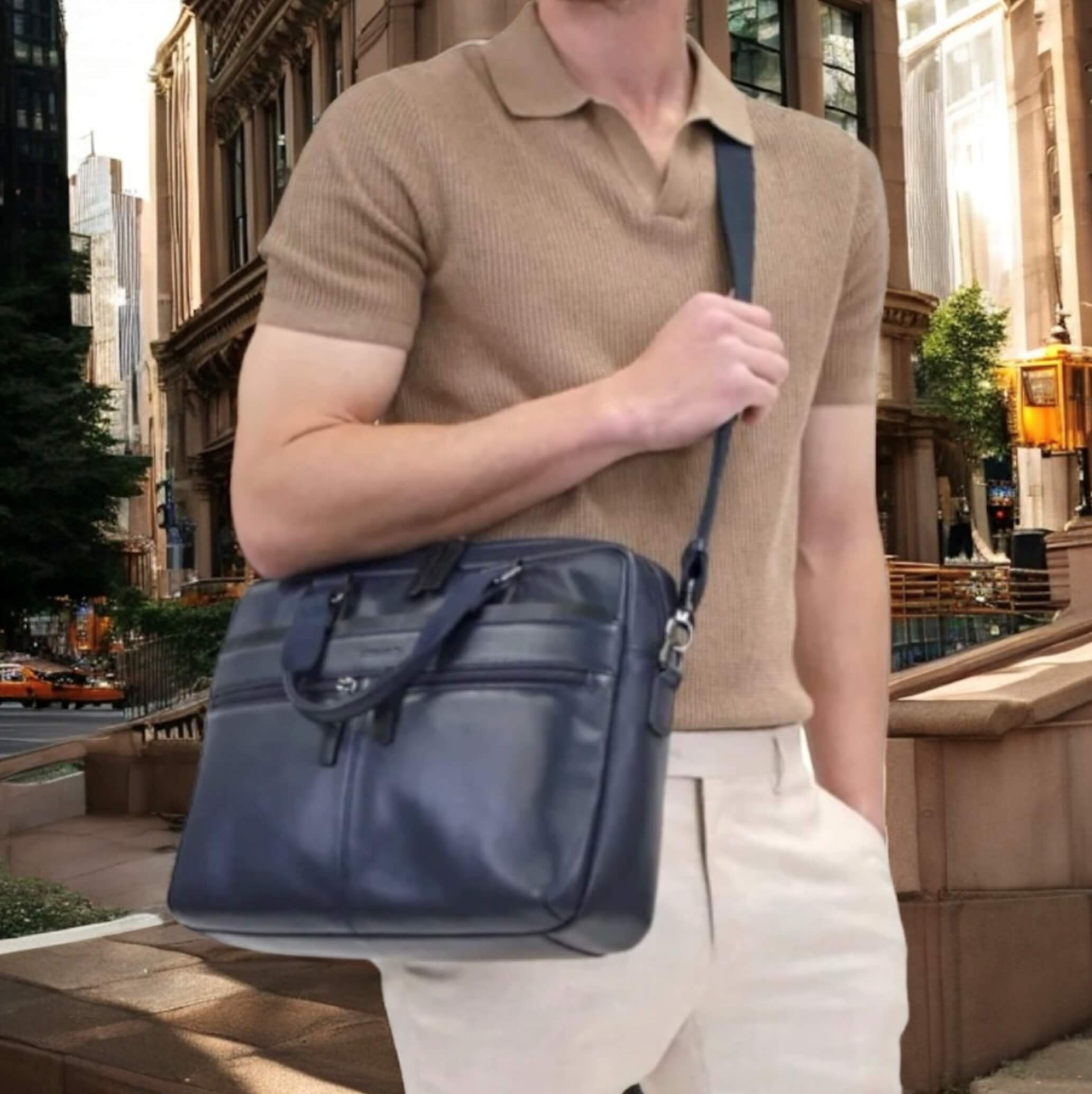 Pierre Cardin Mens Leather Business Laptop Bag in Black/Navy