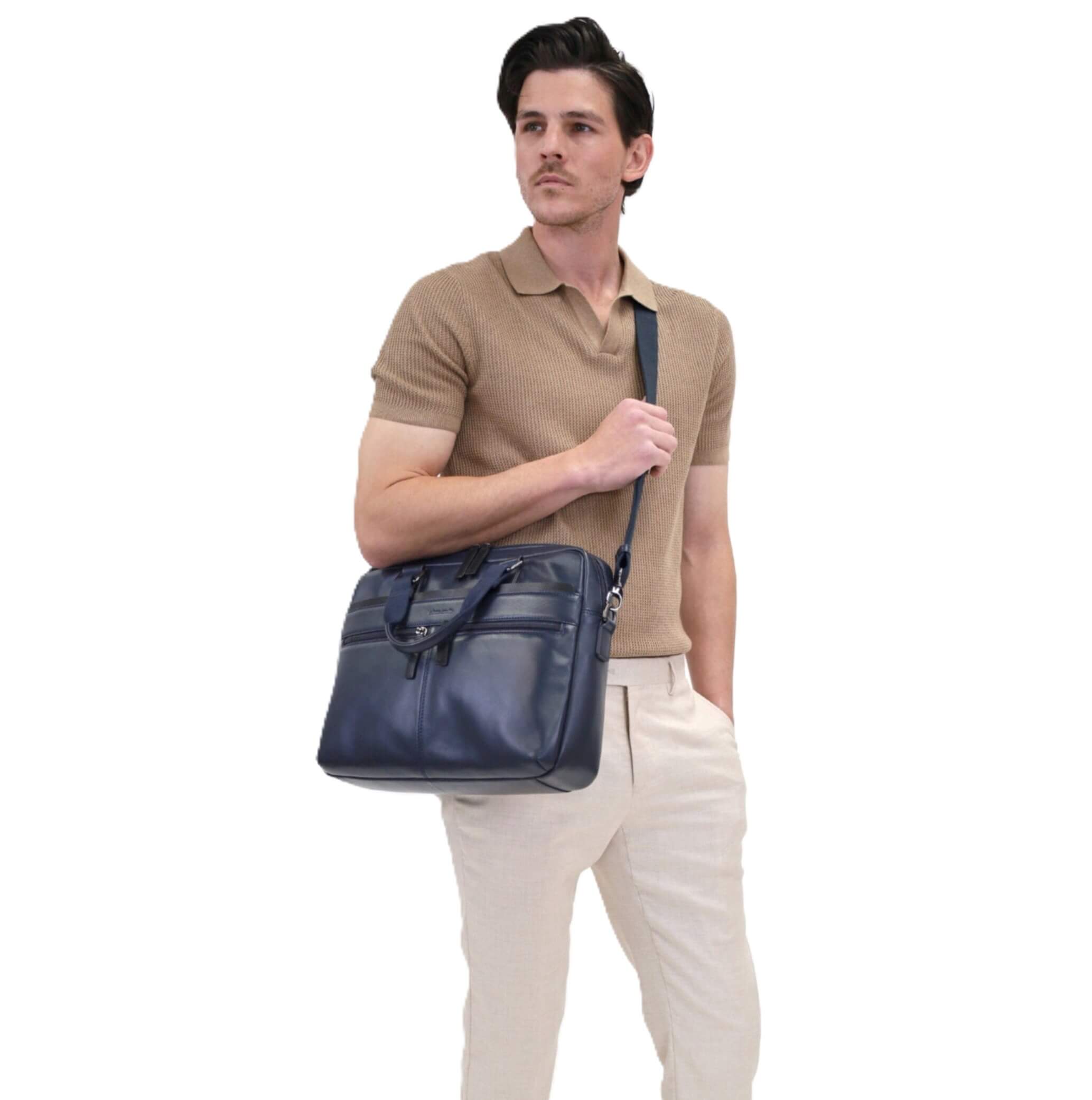 Pierre Cardin Mens Leather Business Laptop Bag in Black/Navy