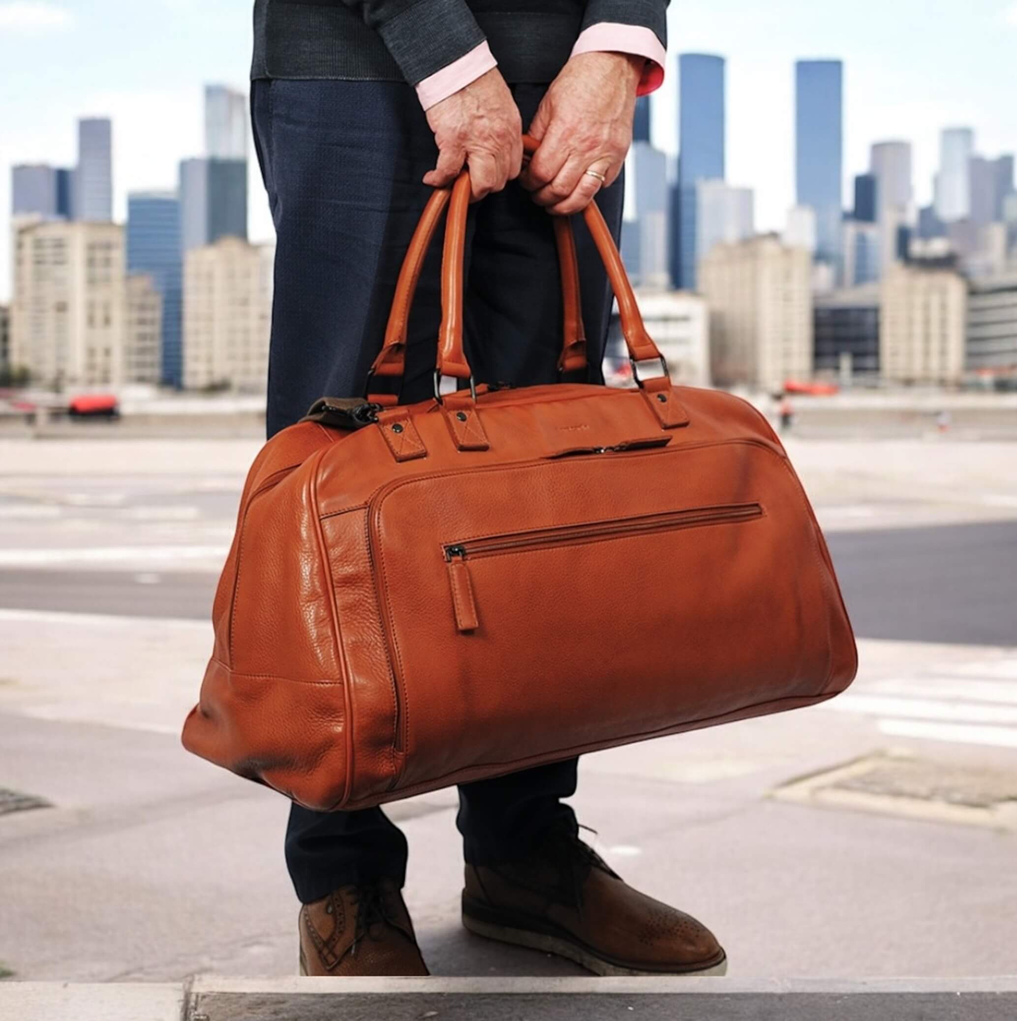 Pierre Cardin PC3877 Genuine Italian Leather Overnight-Travel Bag/Cognac