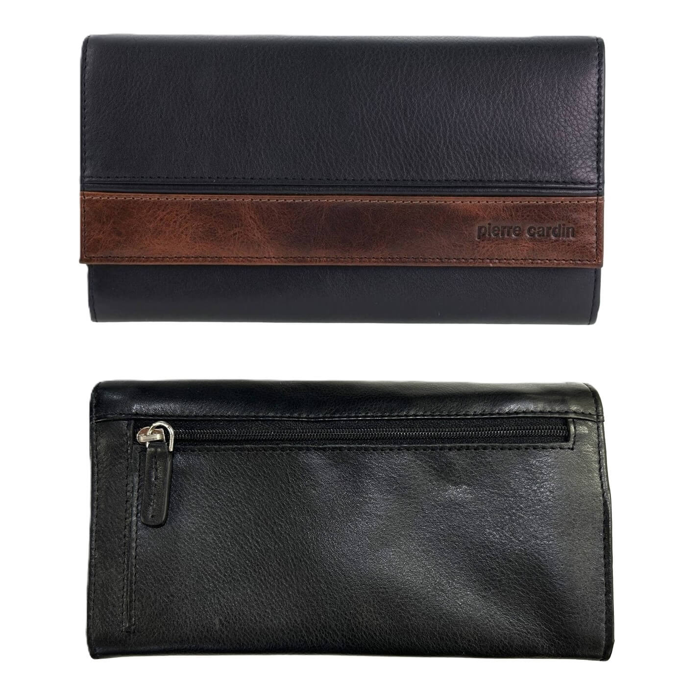Pierre Cardin ladies Rustic Leather Bi-fold Wallet in Black/Cognac