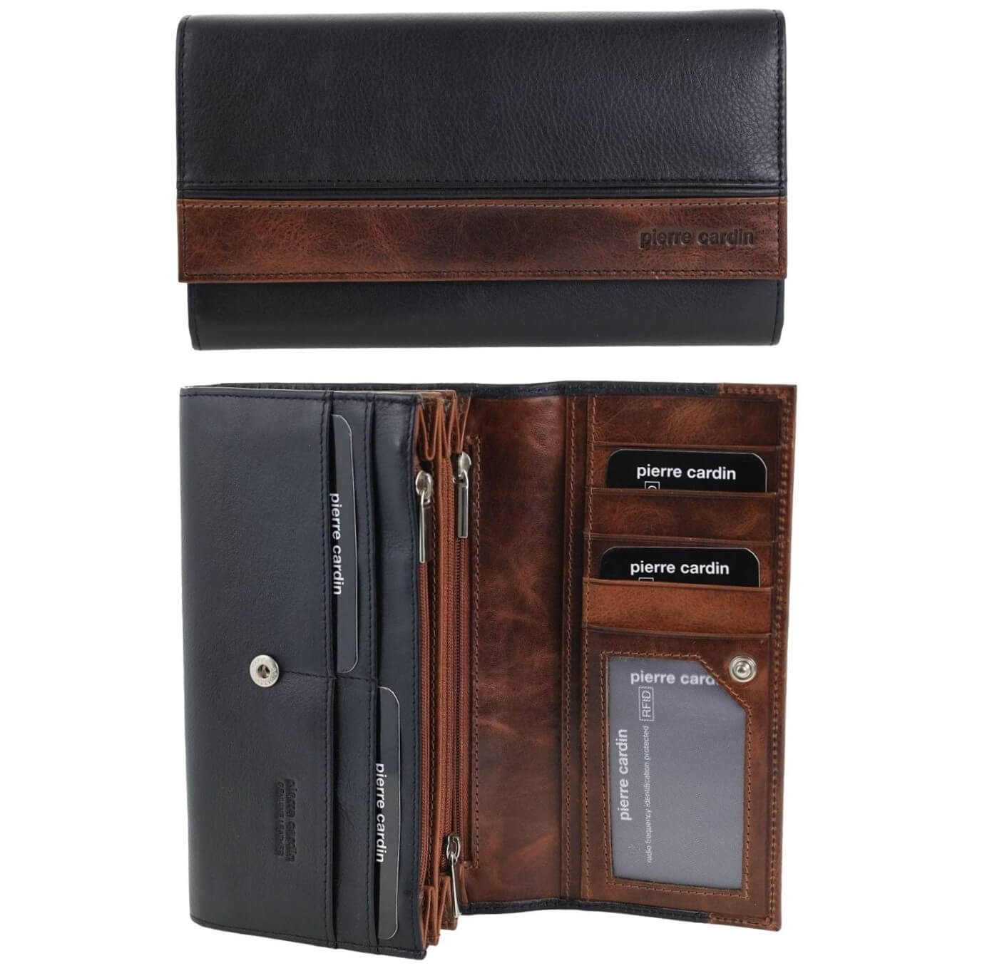 Pierre Cardin Ladies Rustic Leather Bi-fold Wallet in Black/Cognac