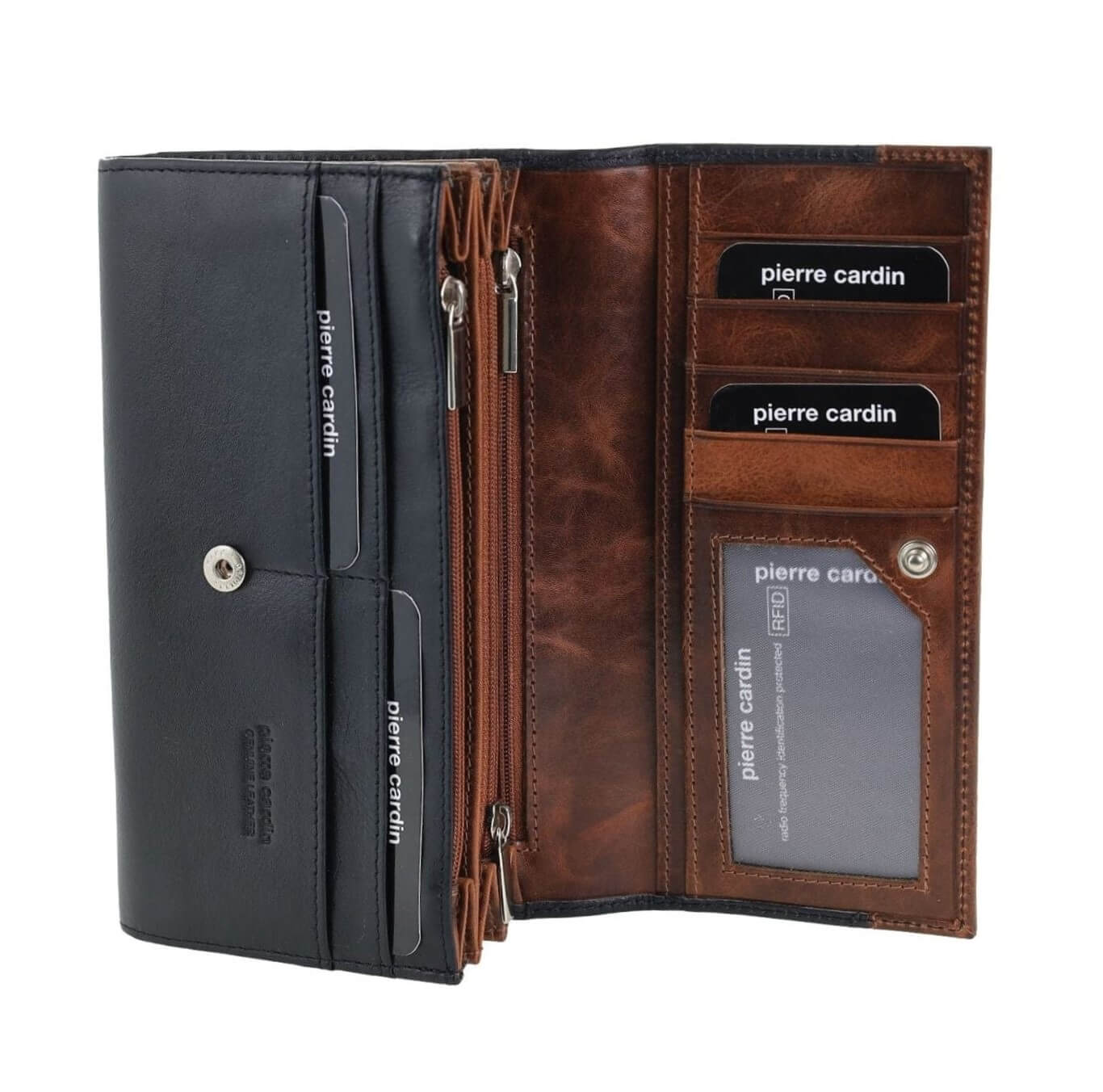 Pierre Cardin Ladies Rustic Leather Bi-fold Wallet in Black/Cognac