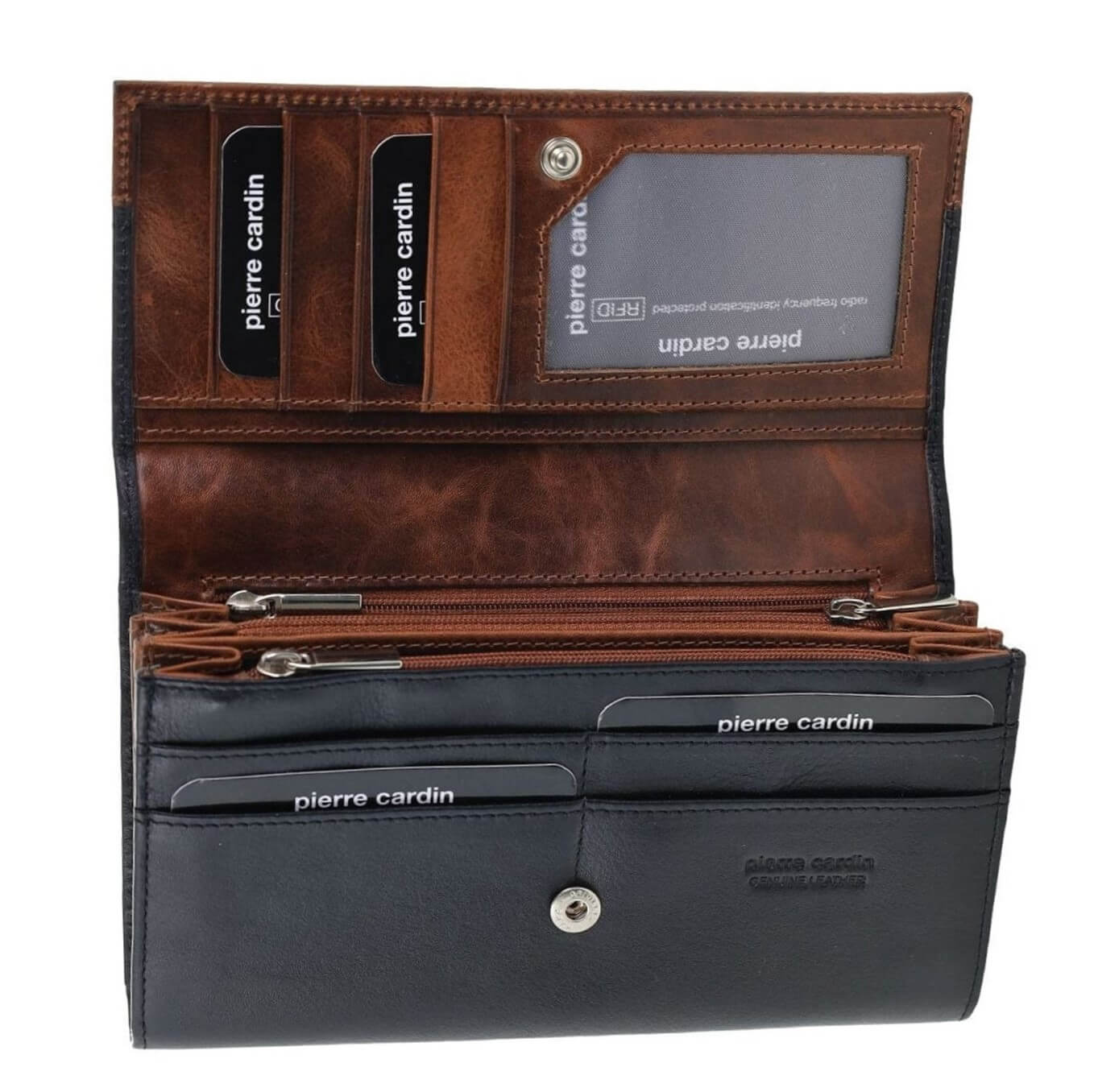 Pierre Cardin Ladies Rustic Leather Bi-fold Wallet in Black/Cognac